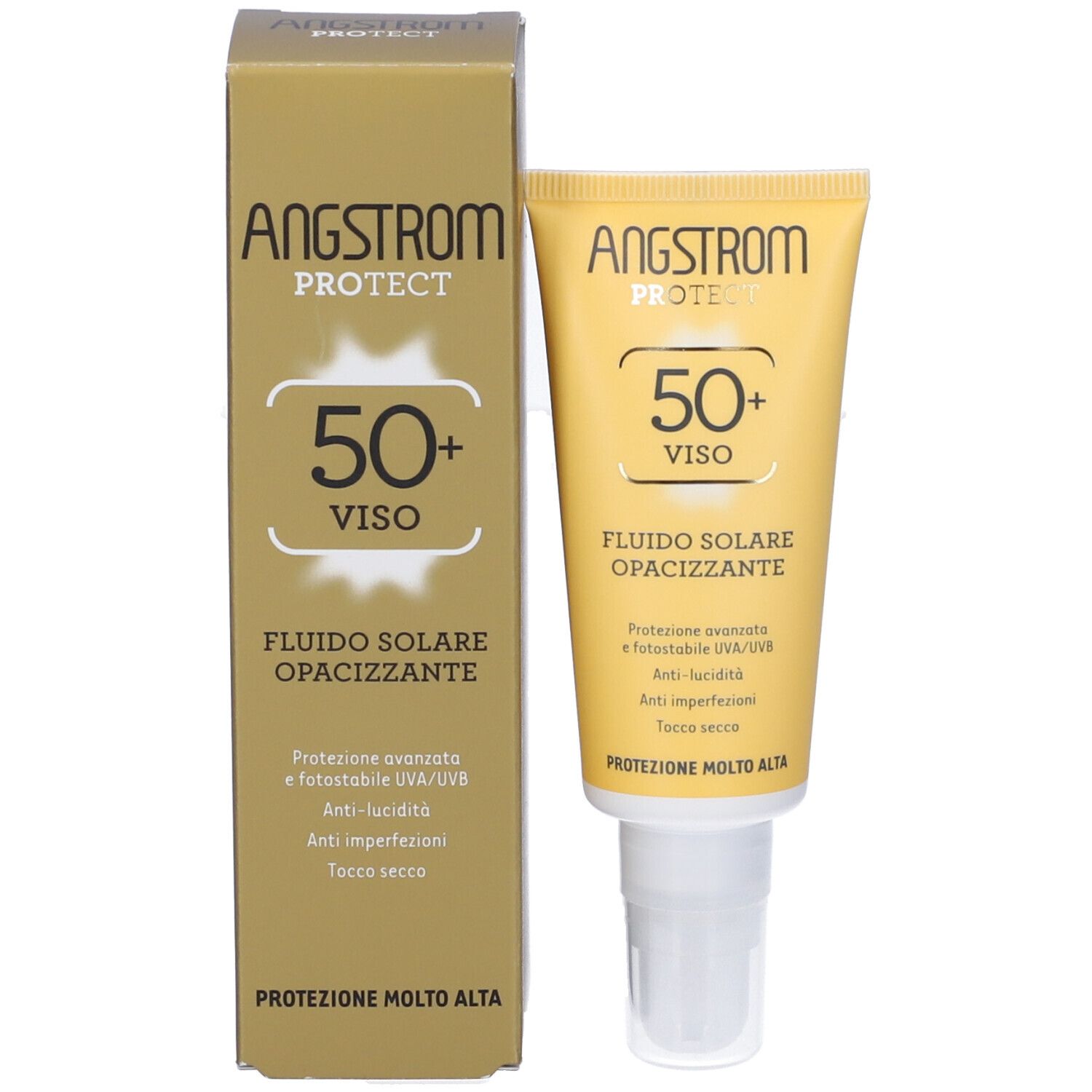 Produktverpackung mit Tube. Aufschrift: Angstrom Protect, 50+ Viso, Fluido Solare Opacizzante. Hoher Schutz.