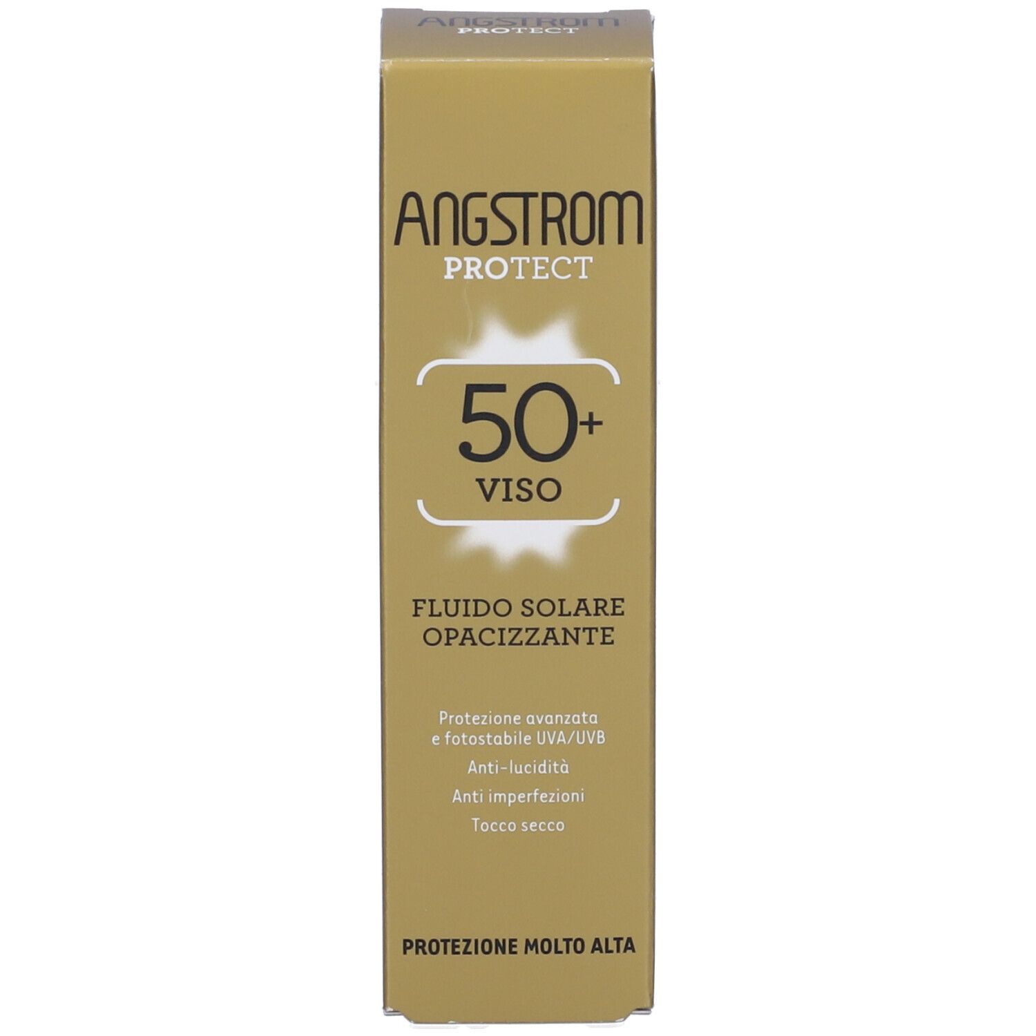 Schachtel mit Aufschrift: Angstrom Protect, 50+ Viso, Fluido Solare Opacizzante. Hoher Schutz. Goldfarben.