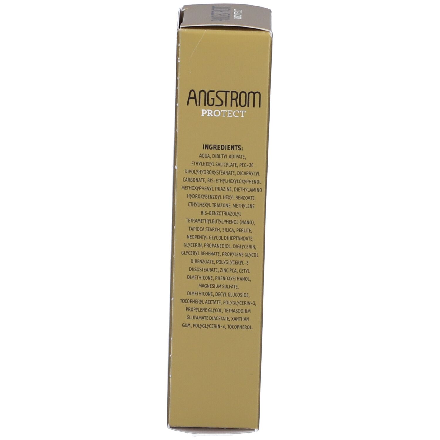 Produktverpackung. Aufschrift: Angstrom Protect. Inhaltsstoffe. Goldfarben.