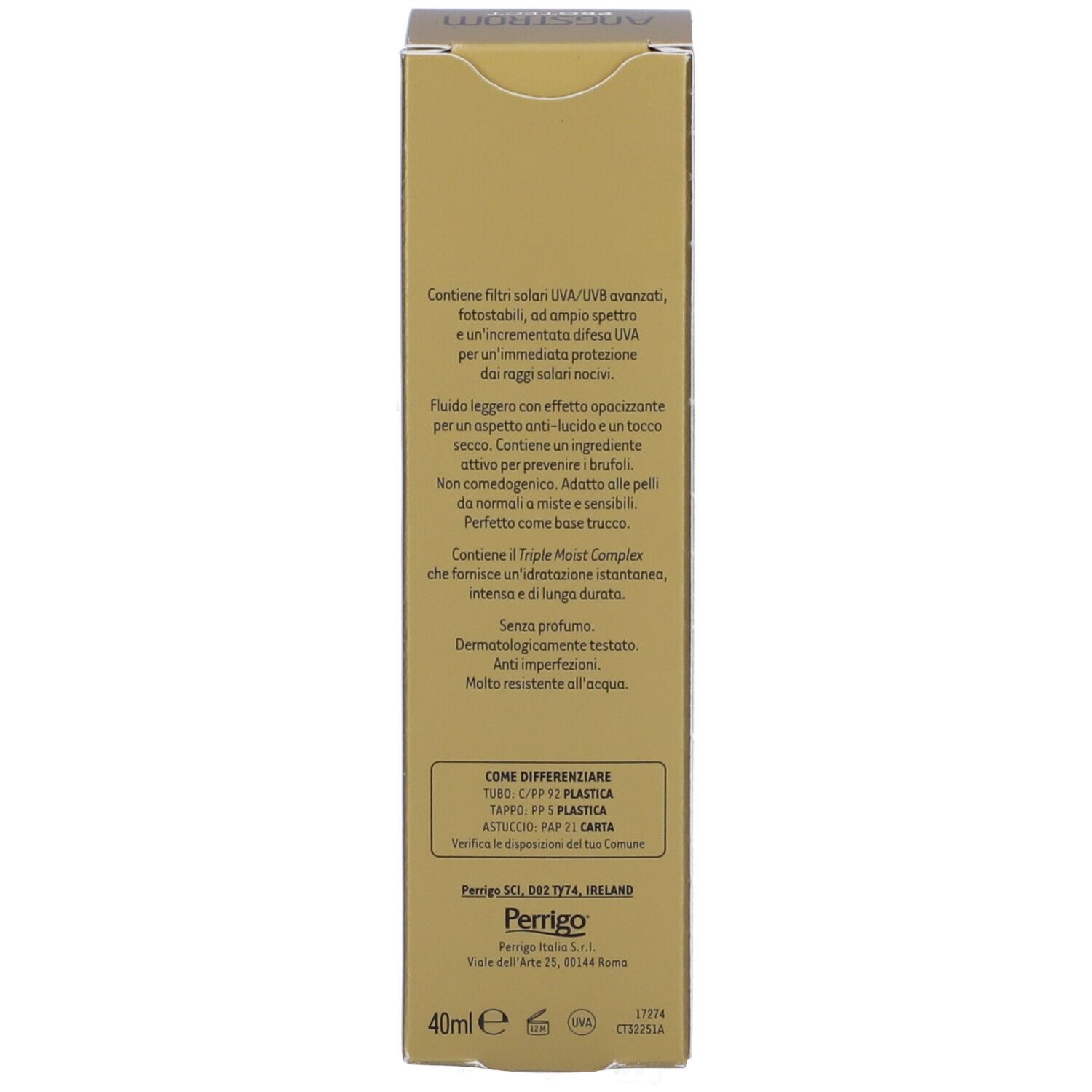 Produktverpackung. Text: Angstrom Protect. Beschreibung, Inhaltsstoffe, Hinweise. 40ml. Goldfarben.