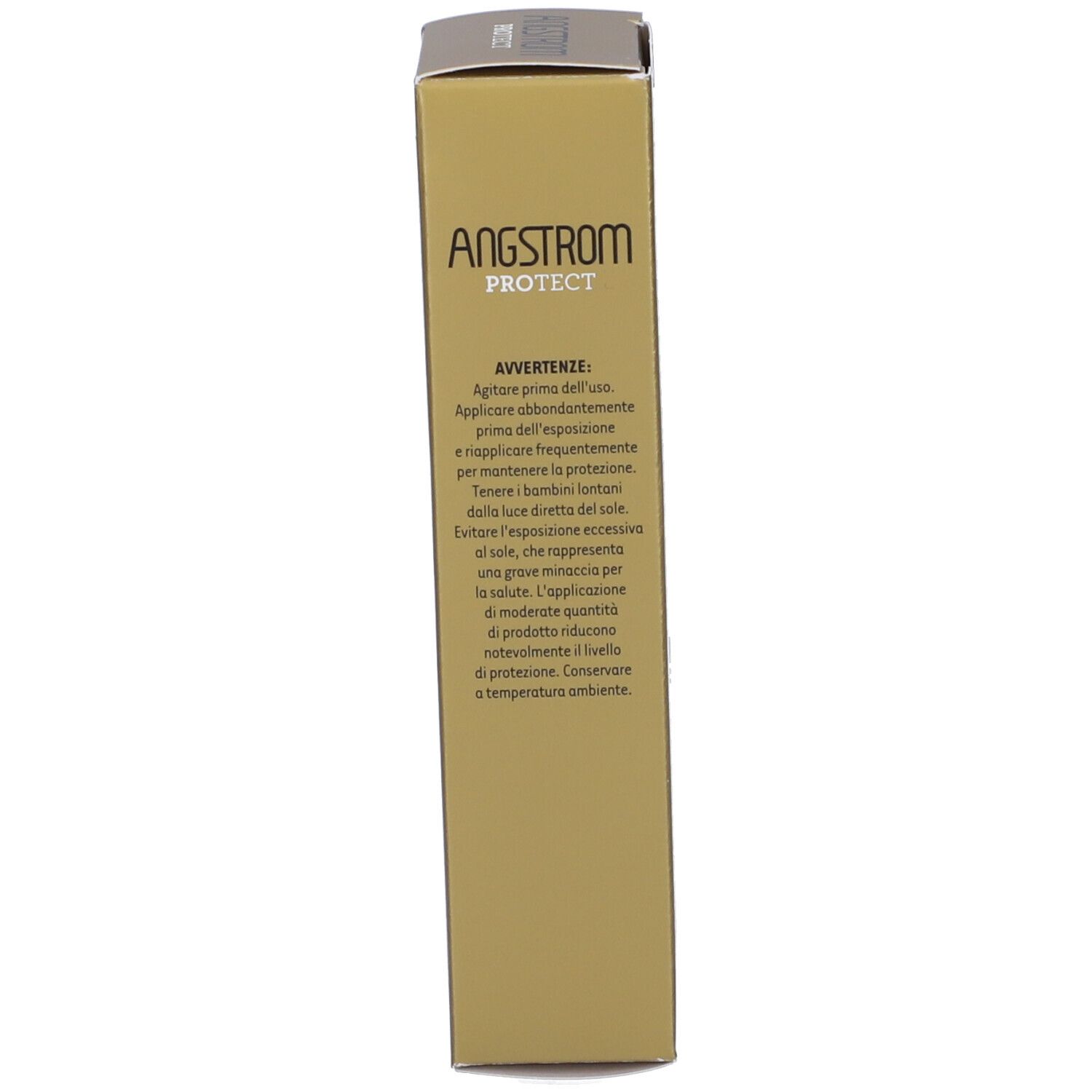 Produktverpackung. Text: Angstrom Protect. Anwendungshinweise. Goldfarben.