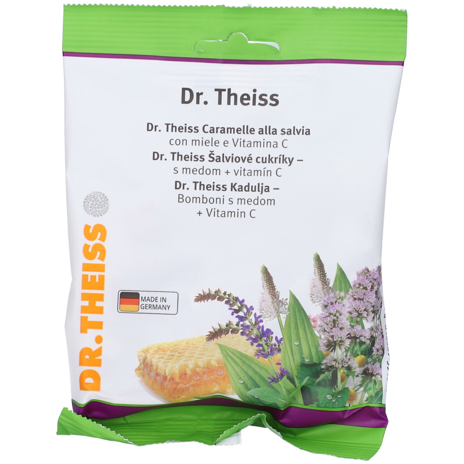 Confezione Dr. Theiss Caramelle alla Salvia. Busta verde e bianca con nome del prodotto e illustrazioni di erbe e favo.