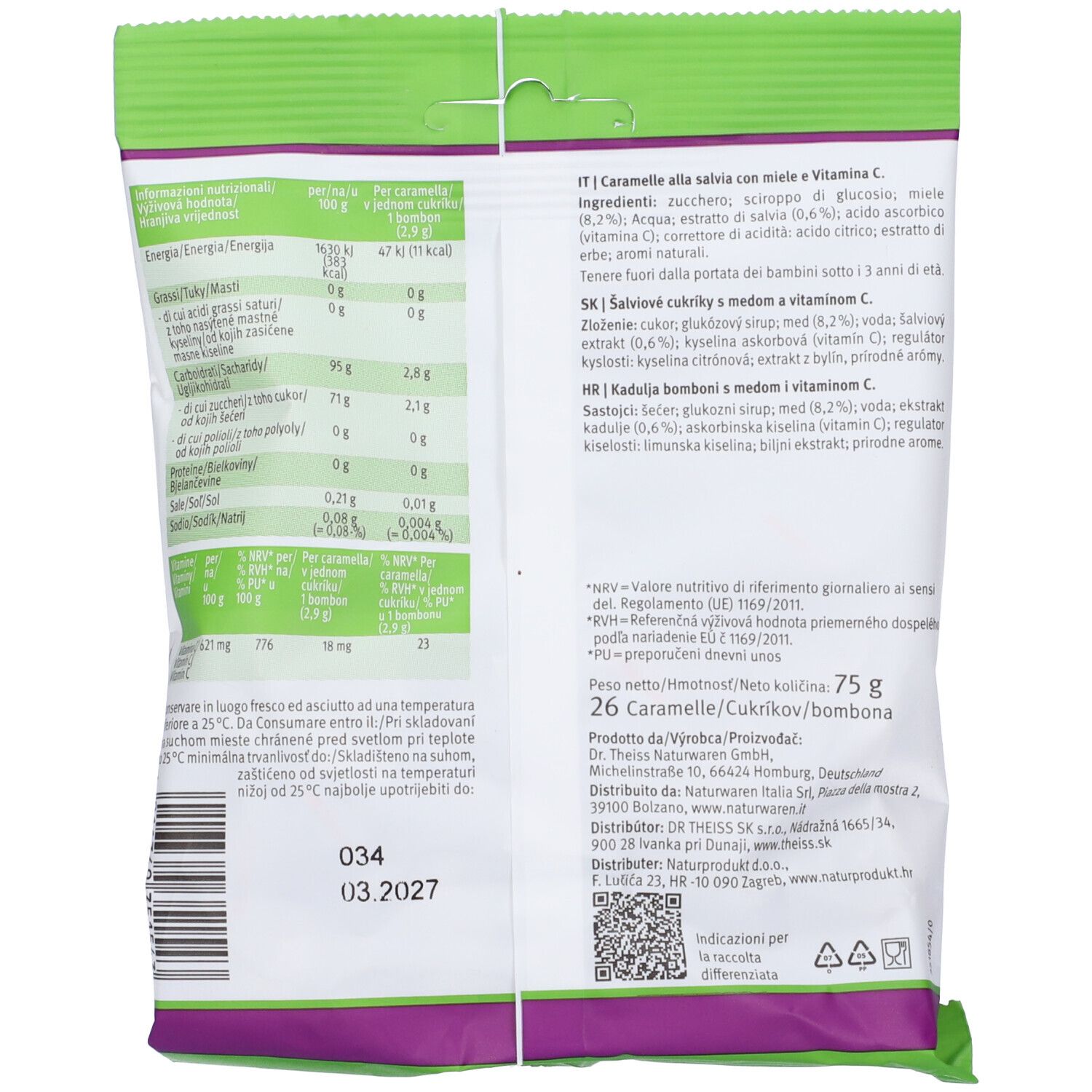 Retro confezione Dr. Theiss Caramelle alla Salvia. Contiene informazioni nutrizionali, elenco ingredienti e codice QR.