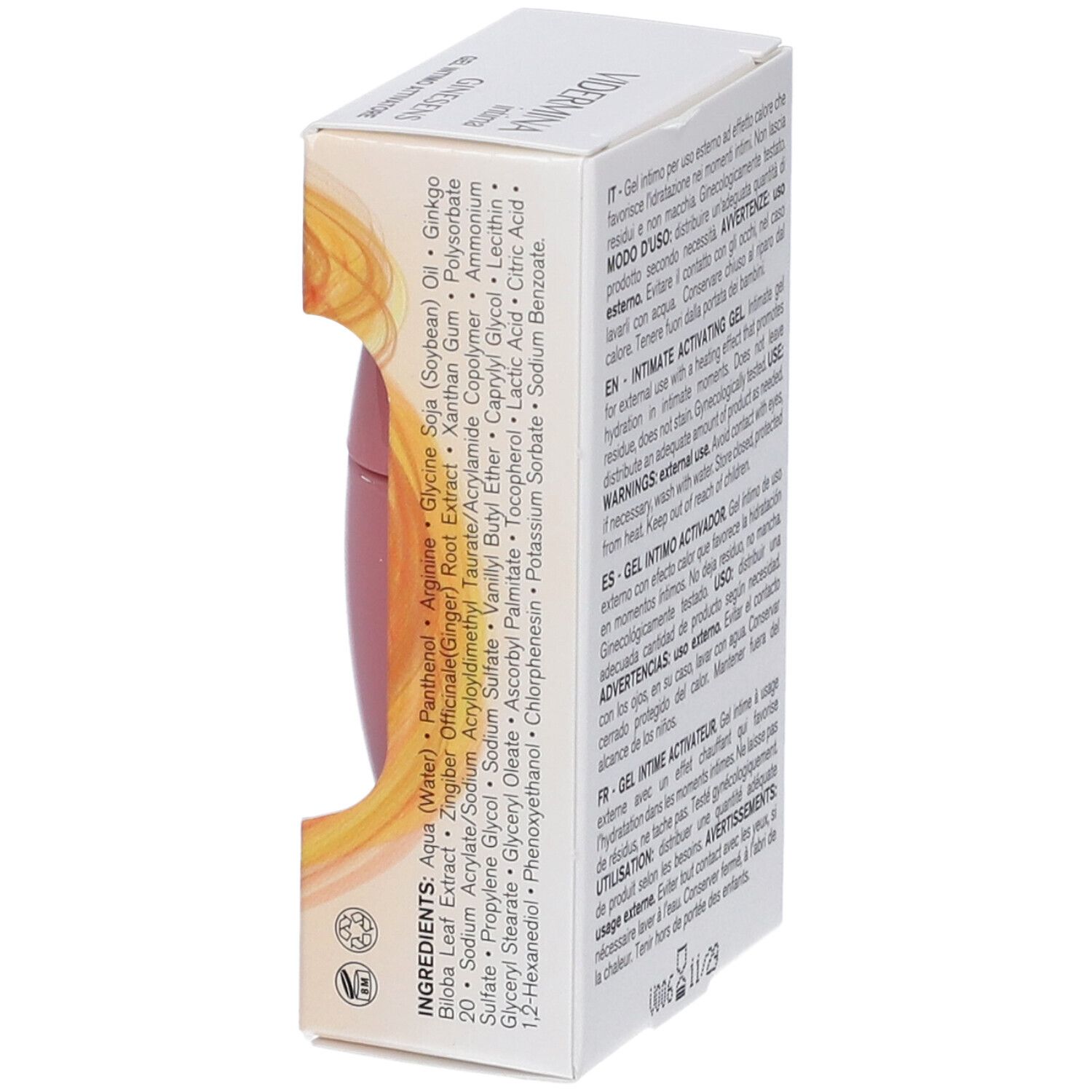 Verpackung eines Intim-Aktivierungs-Gels mit Inhaltsstoffliste und Anwendungshinweisen.