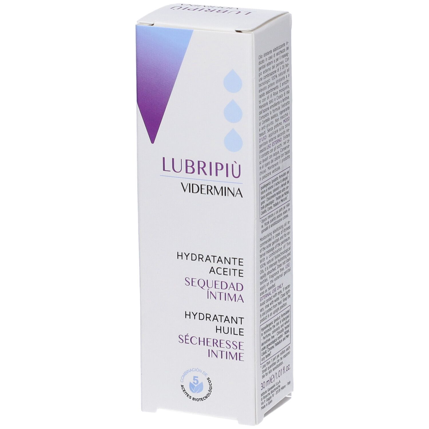 Verpackung von Lubripiù Vidermina, ein feuchtigkeitsspendendes Öl für Intimbereich.