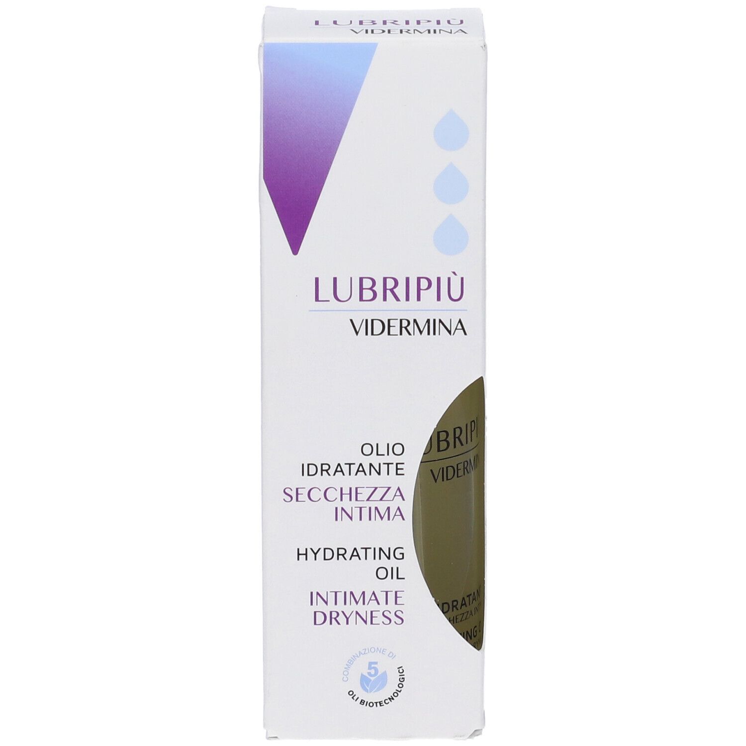 Verpackung für LUBRIPIÙ VIDERMINA Hydrating Oil bei Intimbereichstrockenheit.