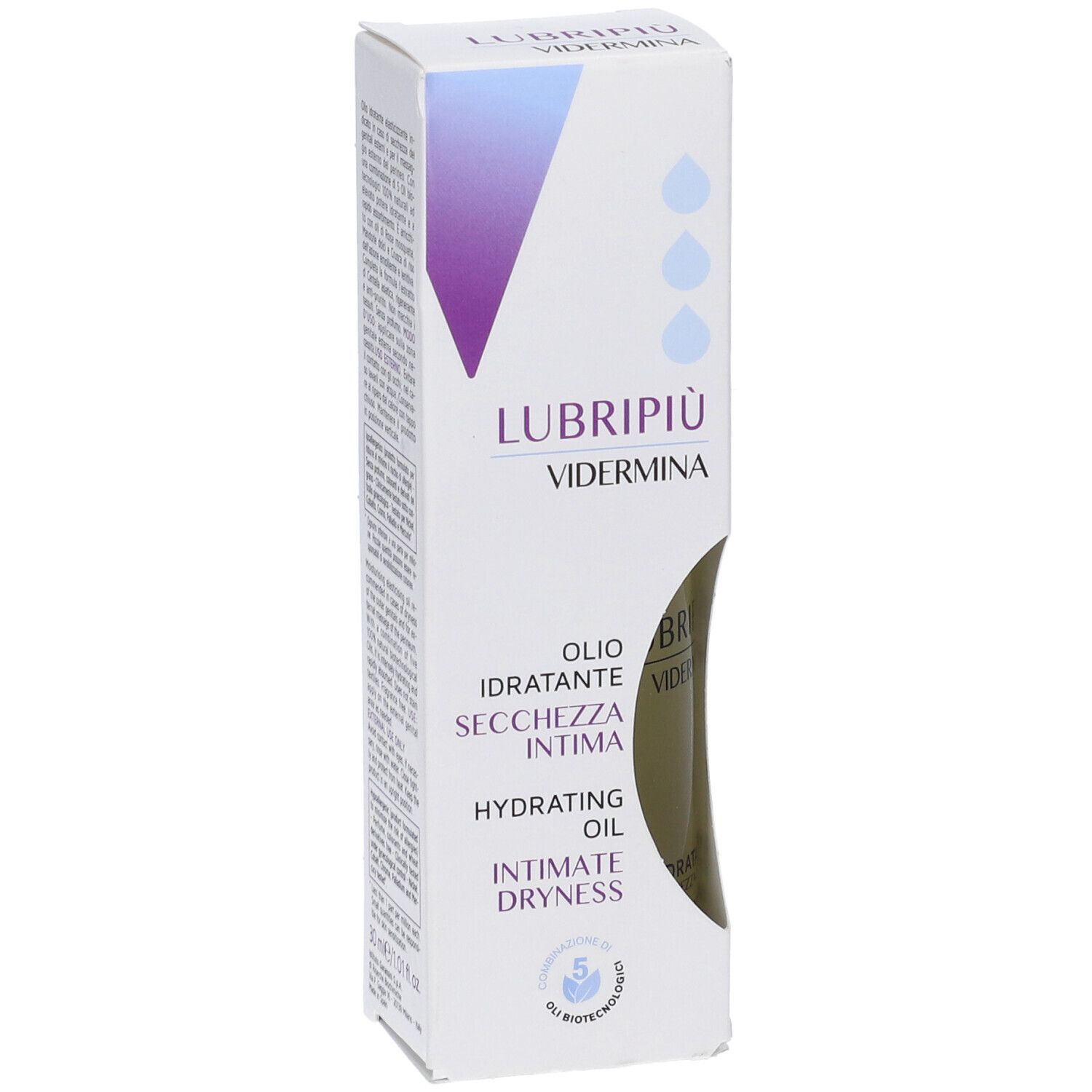 Verpackung für LUBRIPIÙ VIDERMINA Hydrating Oil bei Intimtrockenheit.