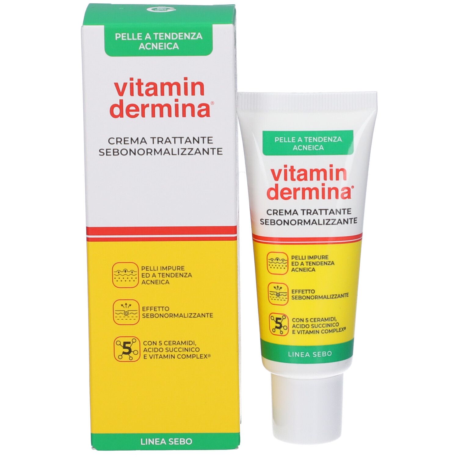 Vitamin Dermina Creme-Tube und Schachtel. Beide weiß mit grünen und gelben Akzenten. Text: CREMA TRATTANTE SEBONORMALIZZANTE.