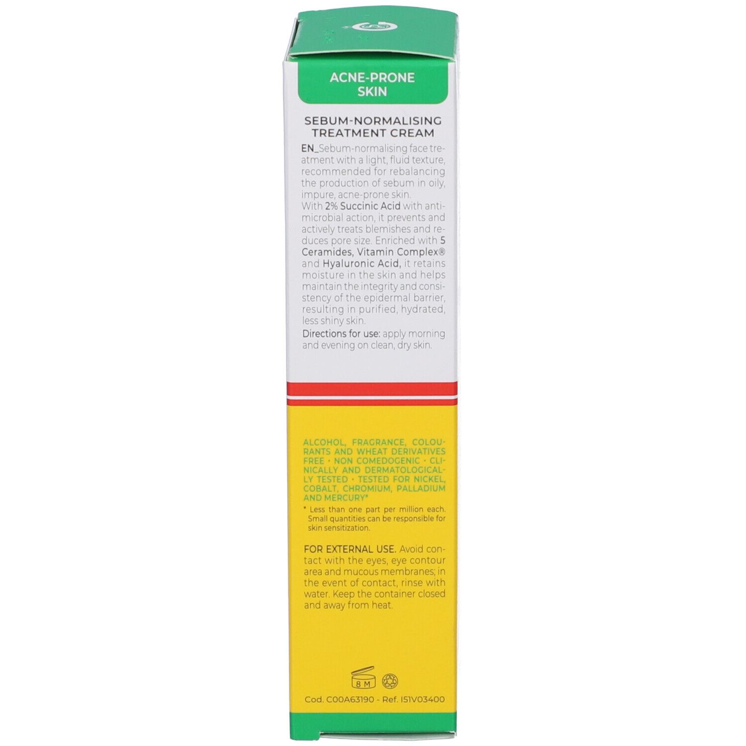 Rückseite der Vitamin Dermina Creme-Schachtel. Text in Englisch, Informationen zur Anwendung und Inhaltsstoffen.