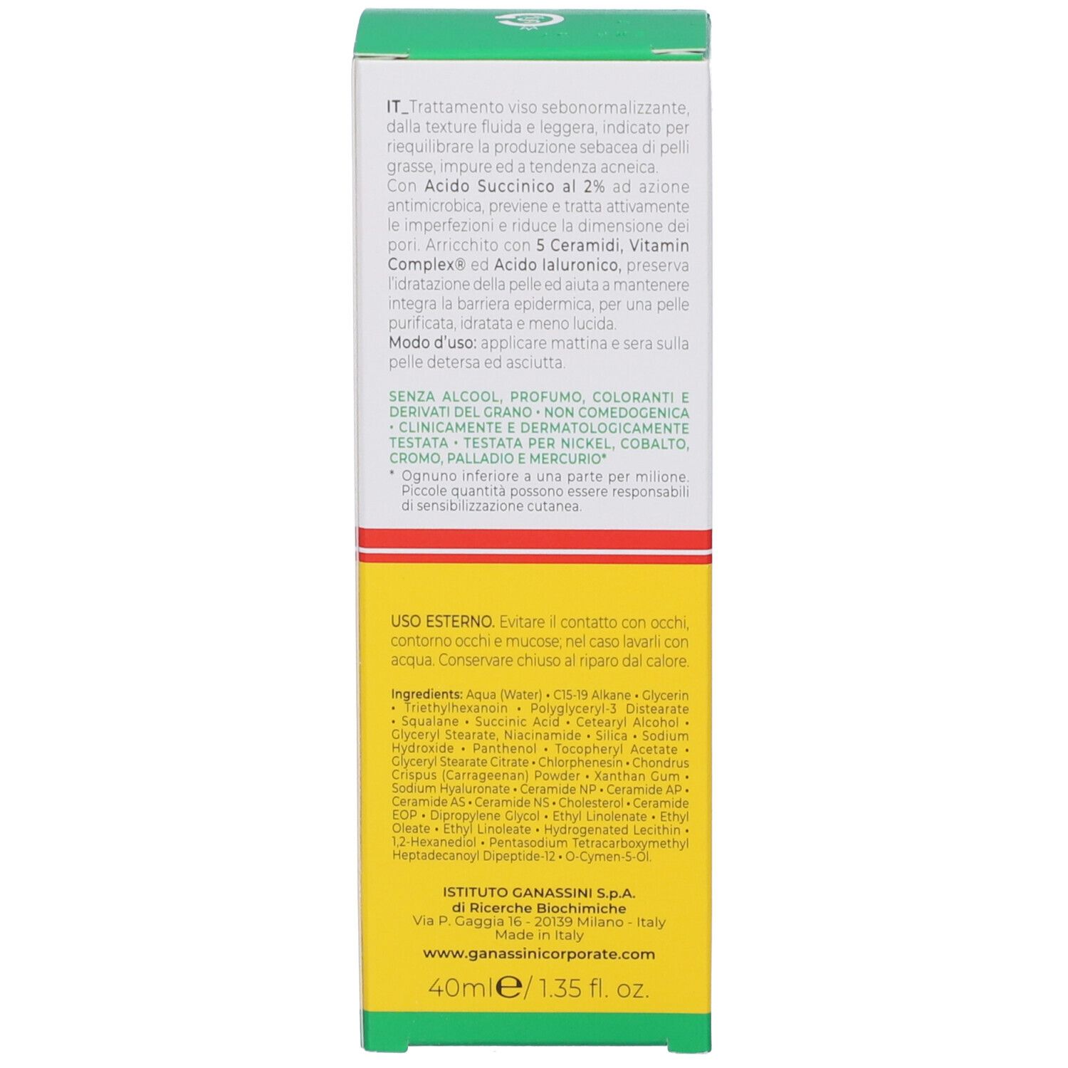Rückseite der Vitamin Dermina Creme-Schachtel. Text in Italienisch, Informationen zur Anwendung und Inhaltsstoffen.