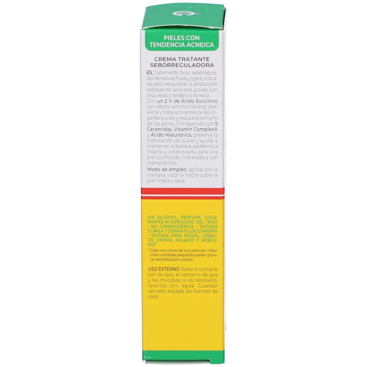 Rückseite der Vitamin Dermina Creme-Schachtel. Text in Spanisch, Informationen zur Anwendung und Inhaltsstoffen.