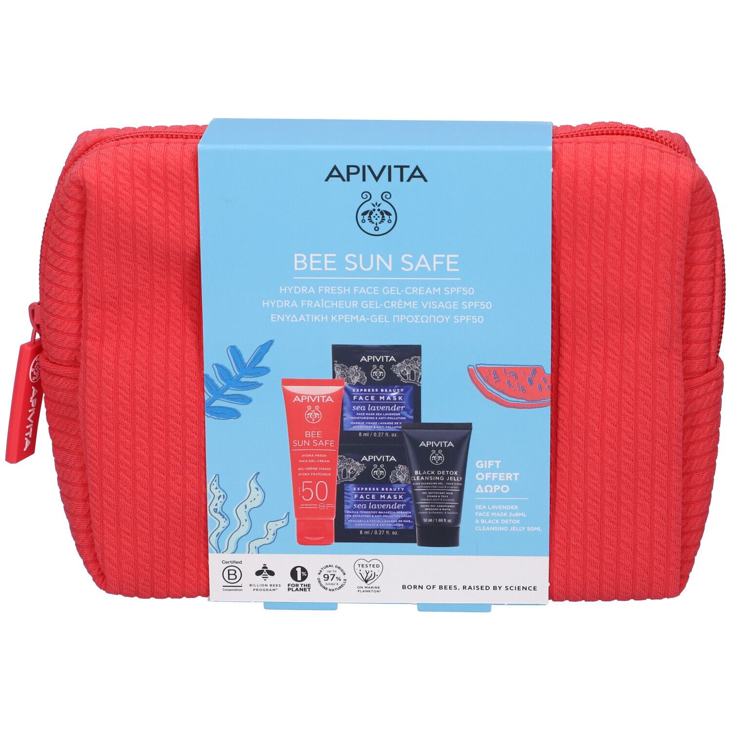 Apivita Set Crema Gel Viso Hydra Fresh SPF50 + Maschera Viso Idratante e Anti-inquinamento + Black Detox Cleansing Jelly con Pochette in Regalo