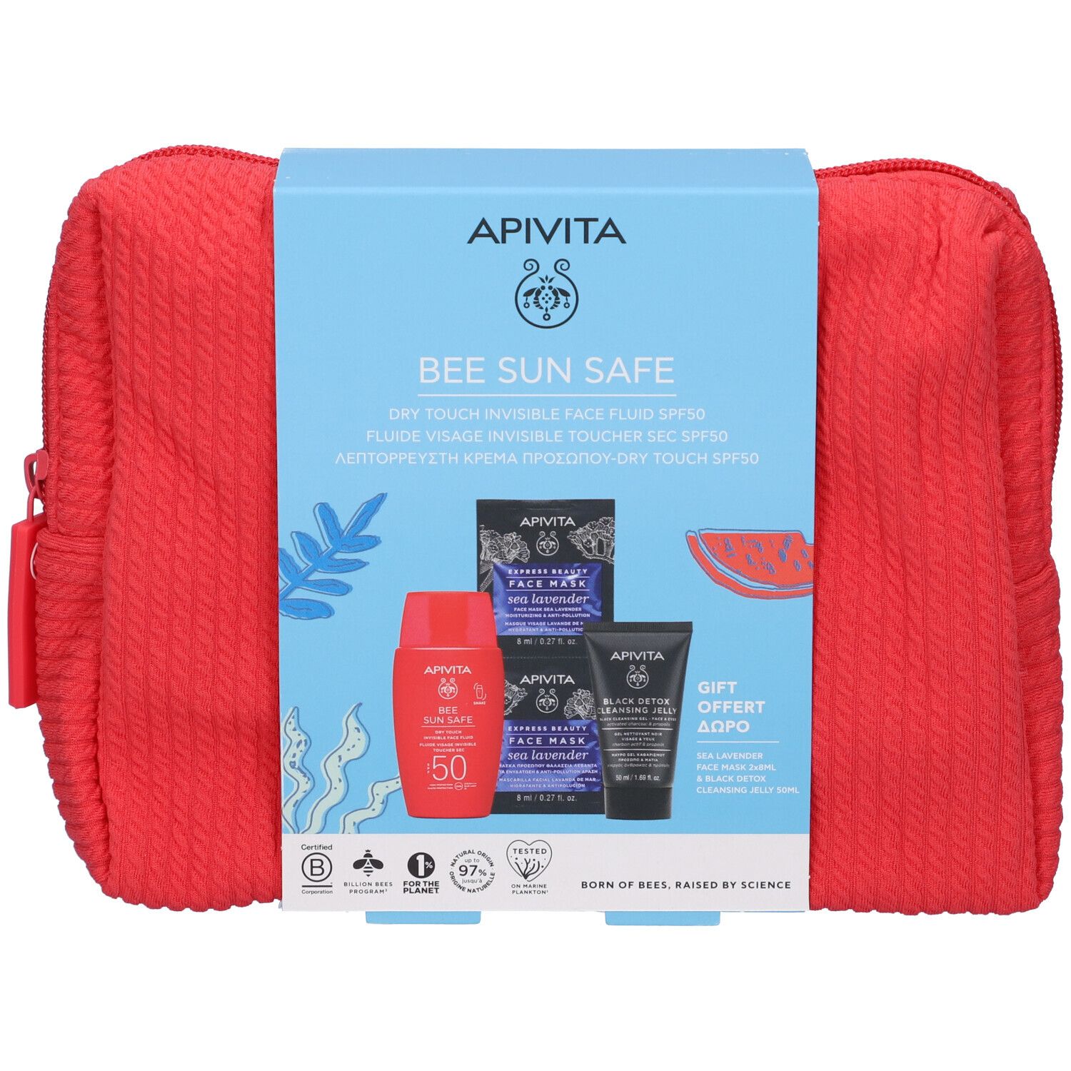 Apivita Set Fluido Viso Dry Touch - SPF 50 + Maschera Viso Idratante e Anti-inquinamento + Black Detox Cleansing Jelly con Pochette in Regalo