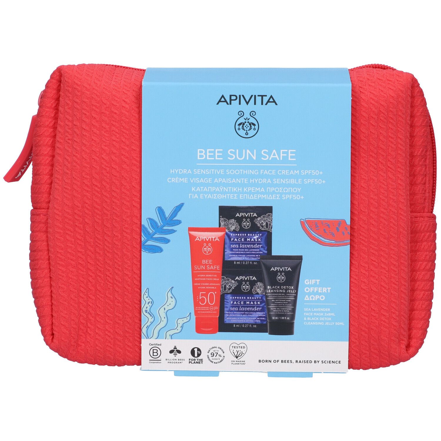 Apivita Set Crema Viso Lenitiva Hydra Sensitive Pelli Sensibili SPF50+ + Maschera Viso Idratante e Anti-inquinamento + Black Detox Cleansing Jelly con Pochette in Regalo