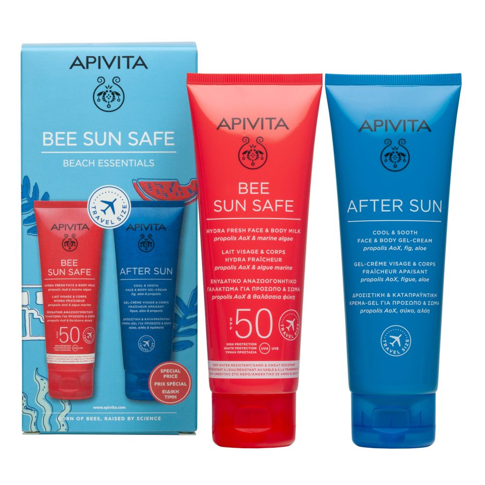 Set con tubi rosso e blu, confezione 'BEE SUN SAFE'.