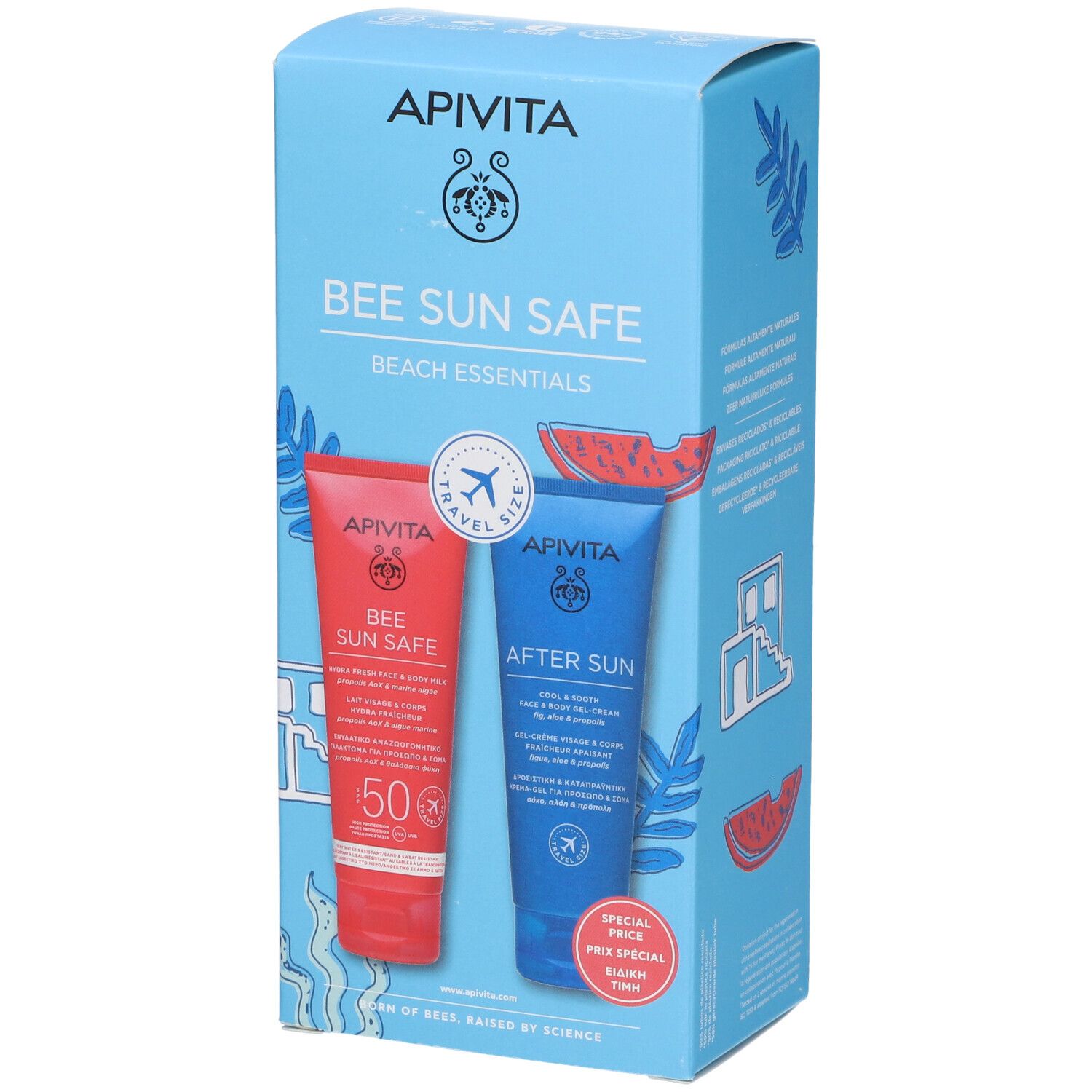 Set blu e bianco con tubi rosso e blu, 'BEE SUN SAFE'.
