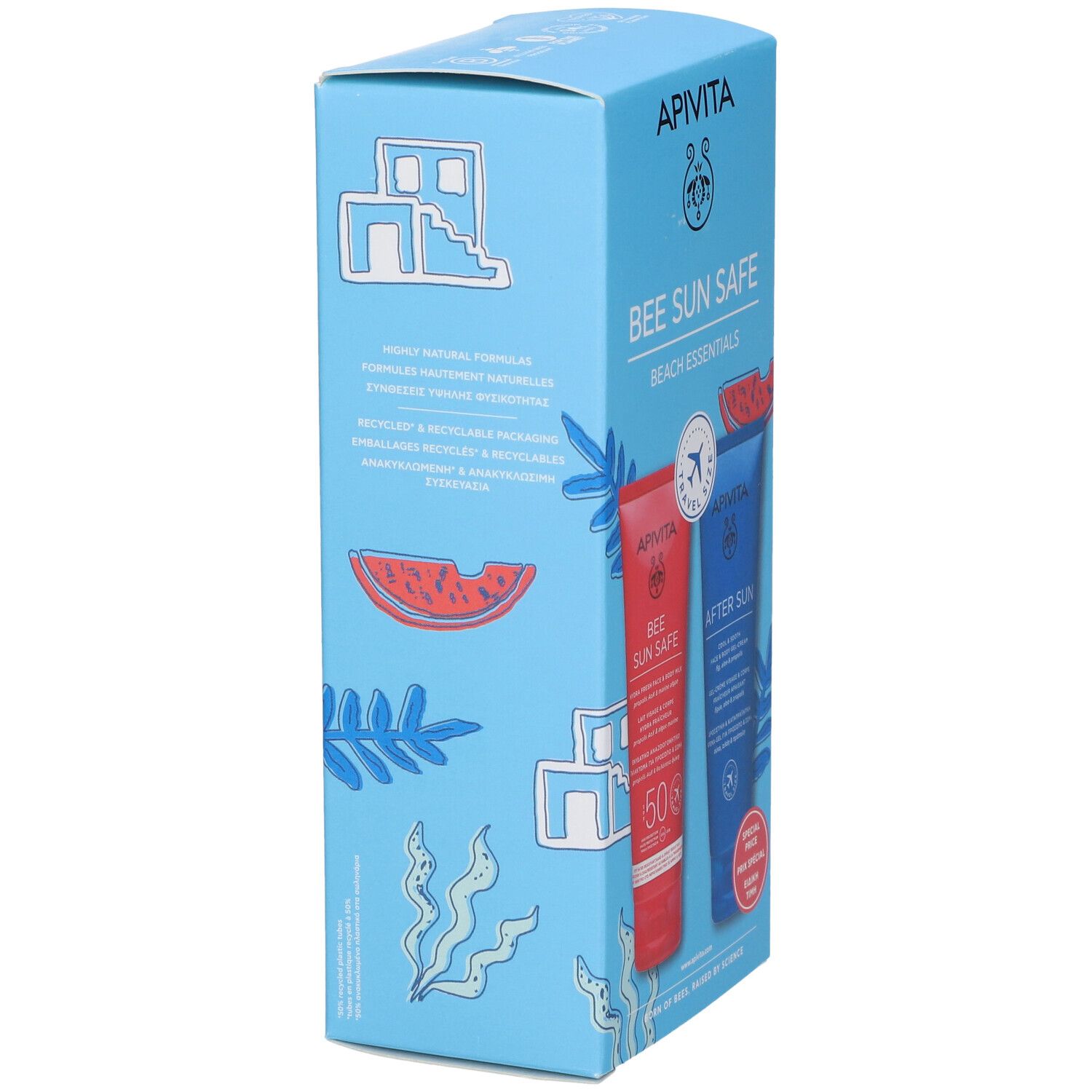 Set blu e bianco con tubi rosso e blu, 'BEE SUN SAFE'.