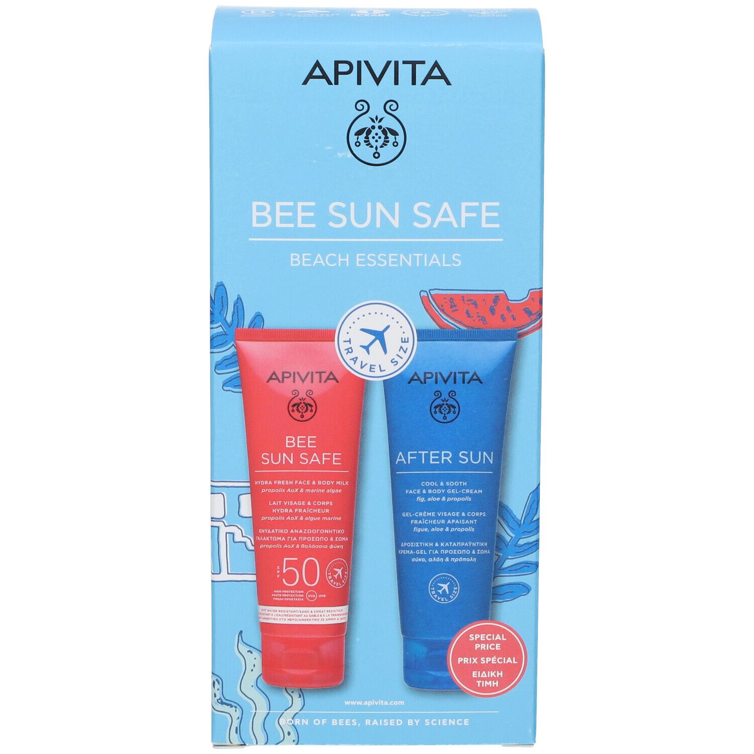 Set con tubi rosso e blu, confezione 'BEE SUN SAFE'.