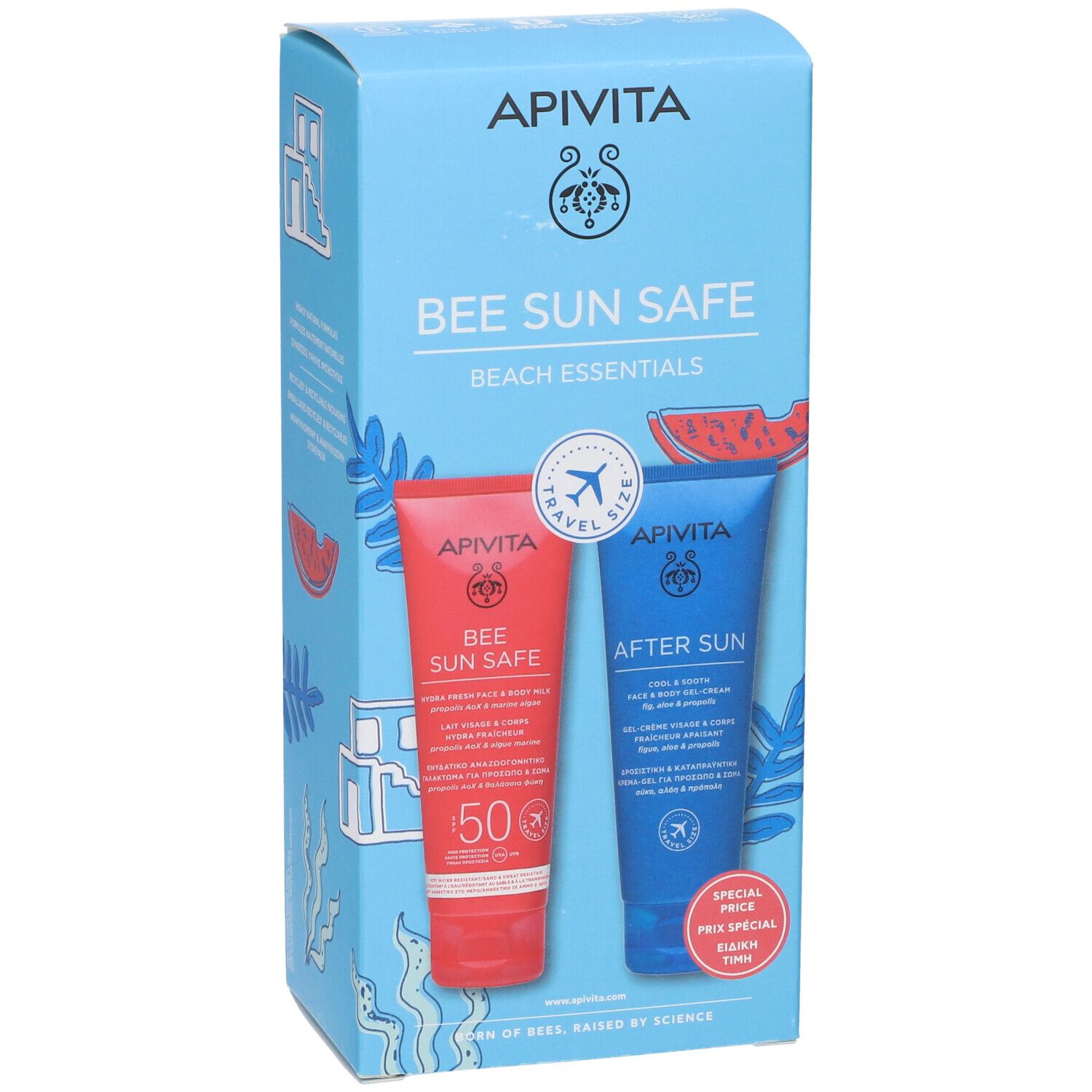 Set con tubi rosso e blu, confezione 'BEE SUN SAFE'.