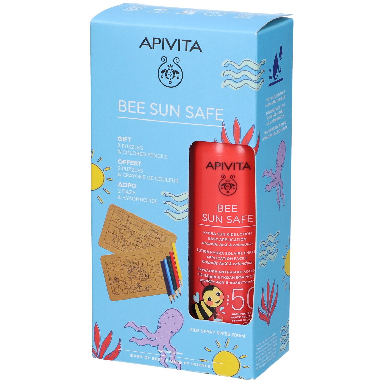 Apivita BEE SUN SAFE Lozione Spray Hydra Sun Bambino SPF50 con 2 Puzzle e Matite in Regalo