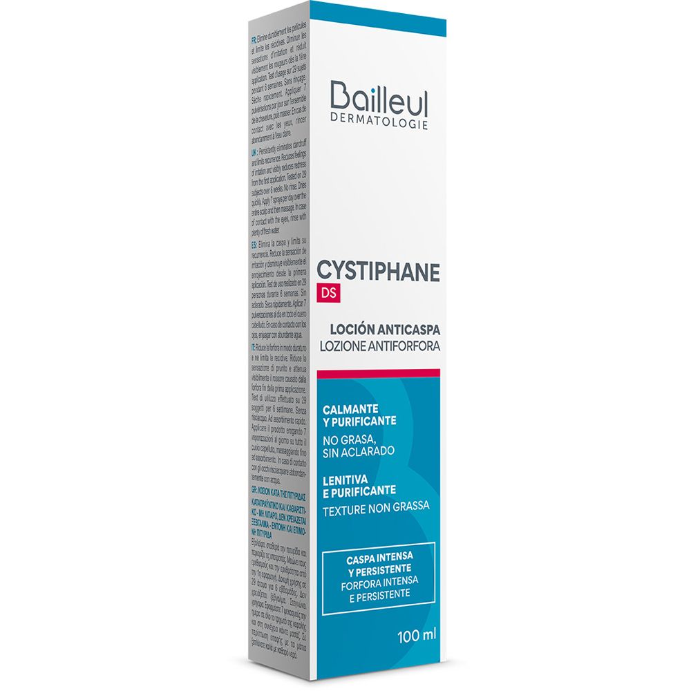 Kartonverpackung. Weiß, blau. Text: Bailleul Dermatologie, Cystiphane DS, Lotion Antiforfora. Beruhigend, reinigend. 100 ml.