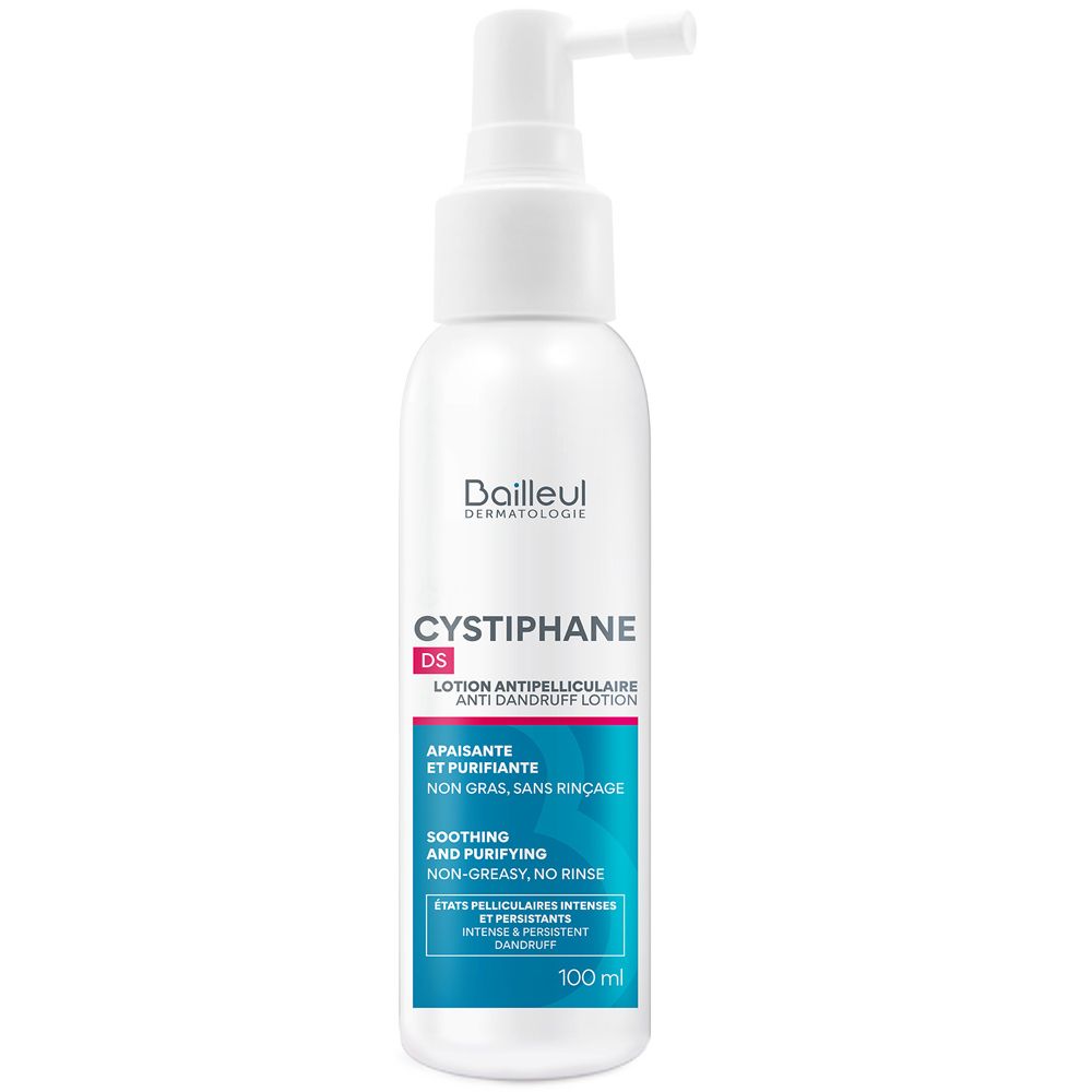 Weiße Flasche mit Sprühkopf. Text: Bailleul Dermatologie, Cystiphane DS, Lotion Antipelliculaire. Beruhigend, reinigend. 100 ml.