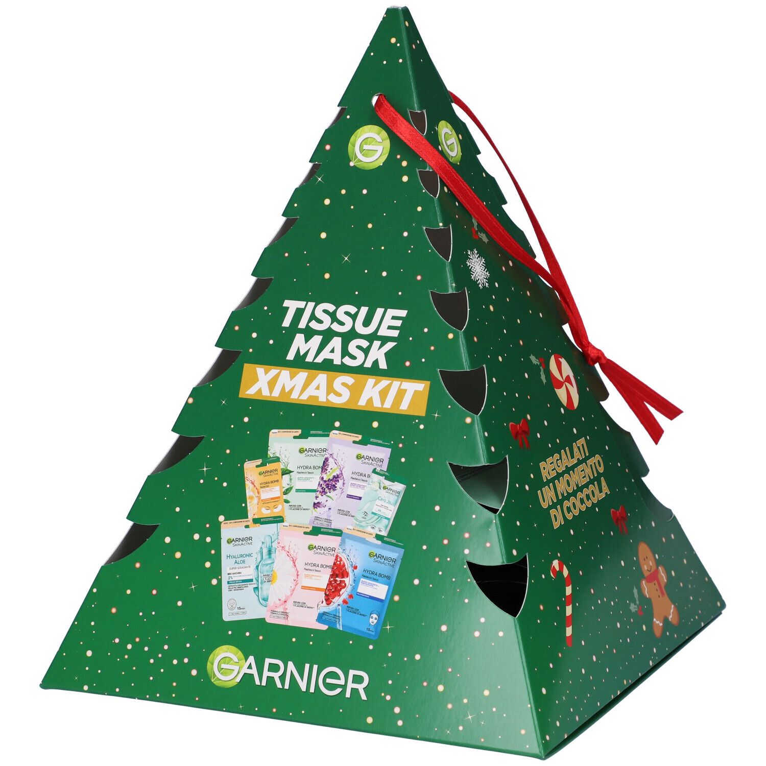 Confezione regalo a forma di albero di Natale con maschere Garnier. Confezione verde con fiocco rosso. Testo: Tissue Mask Xmas Kit.