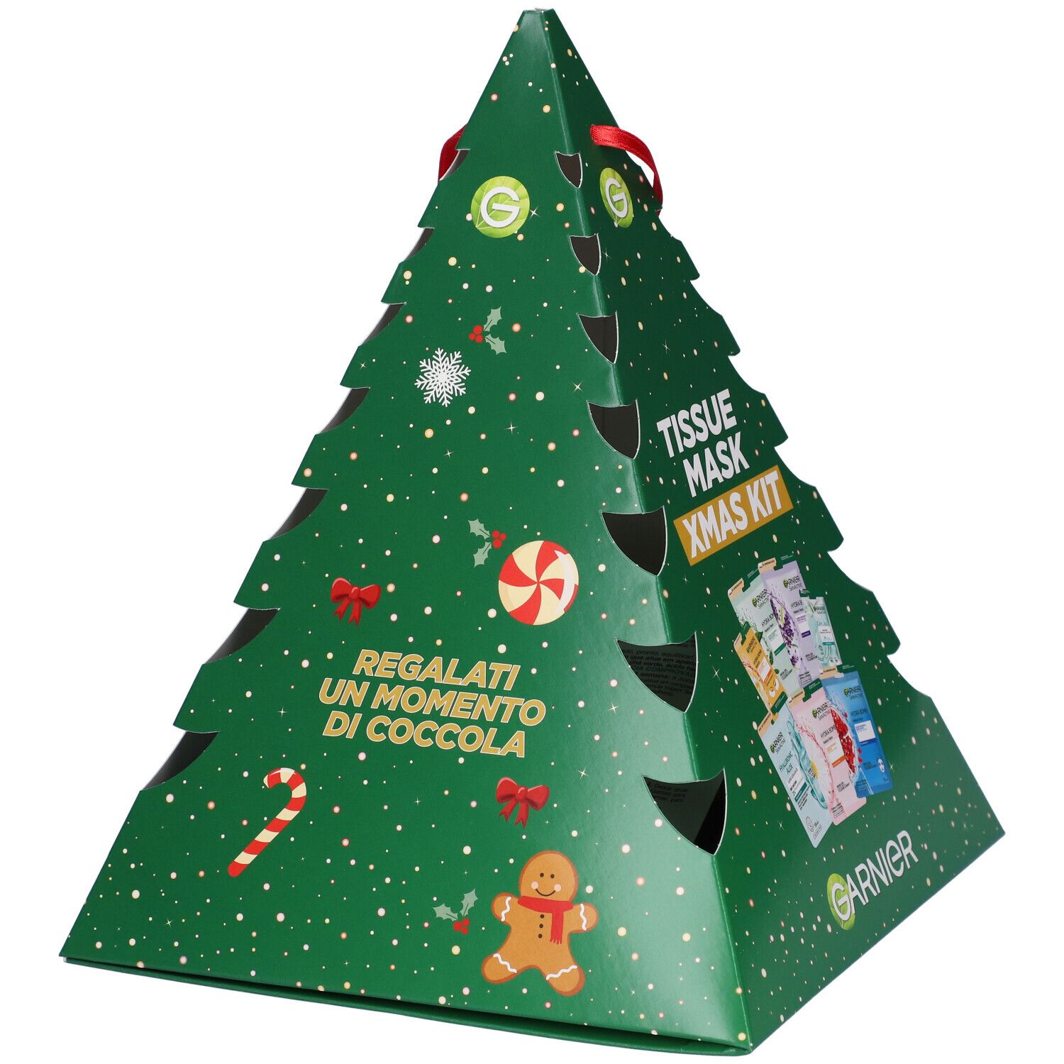 Confezione regalo a forma di albero di Natale verde con decorazioni e testo. Contiene maschere Garnier. Fiocco rosso.