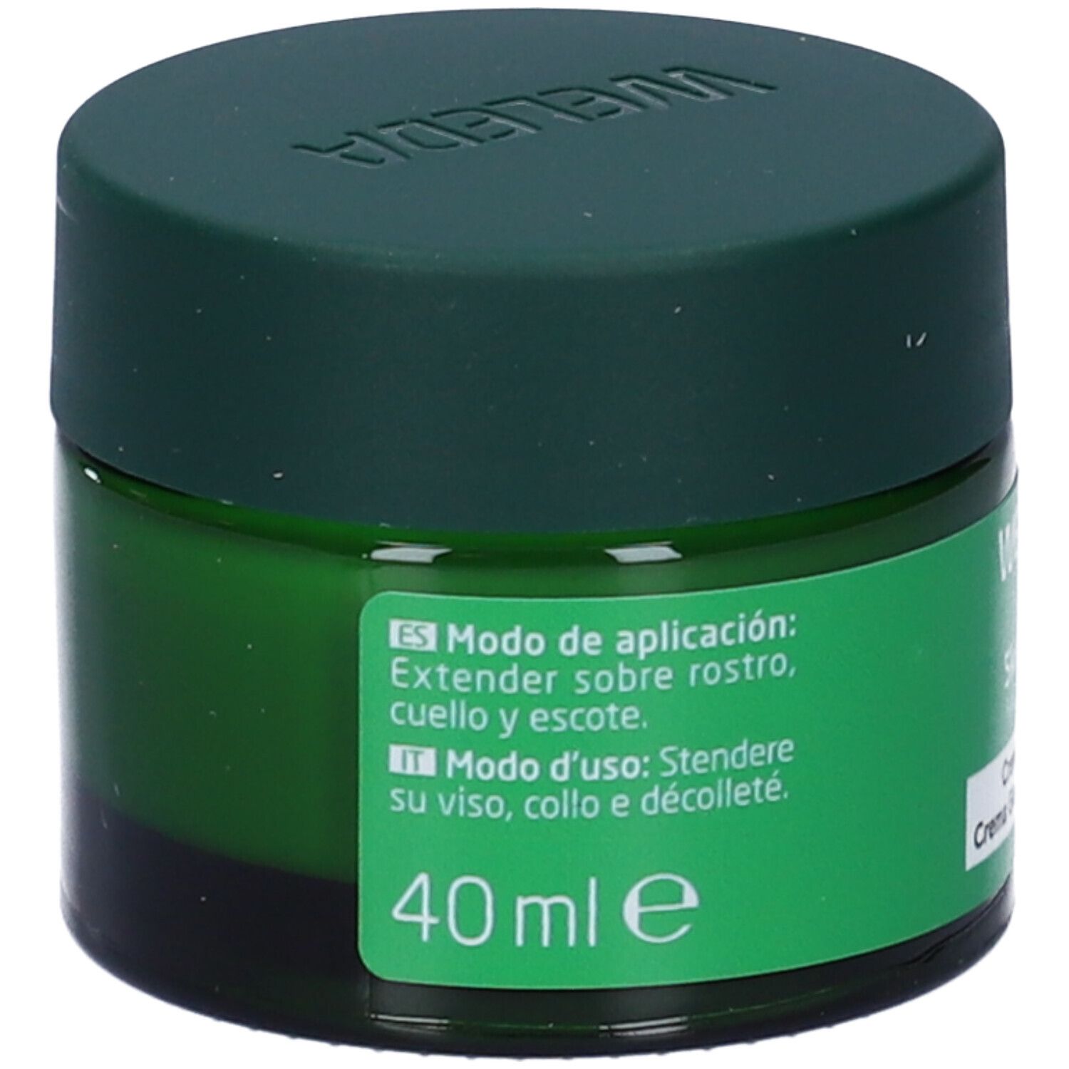 Vasetto verde con coperchio. Scritta: WELEDA Skin Food FACE CARE. Testo: 40 ml. Istruzioni per l'uso.