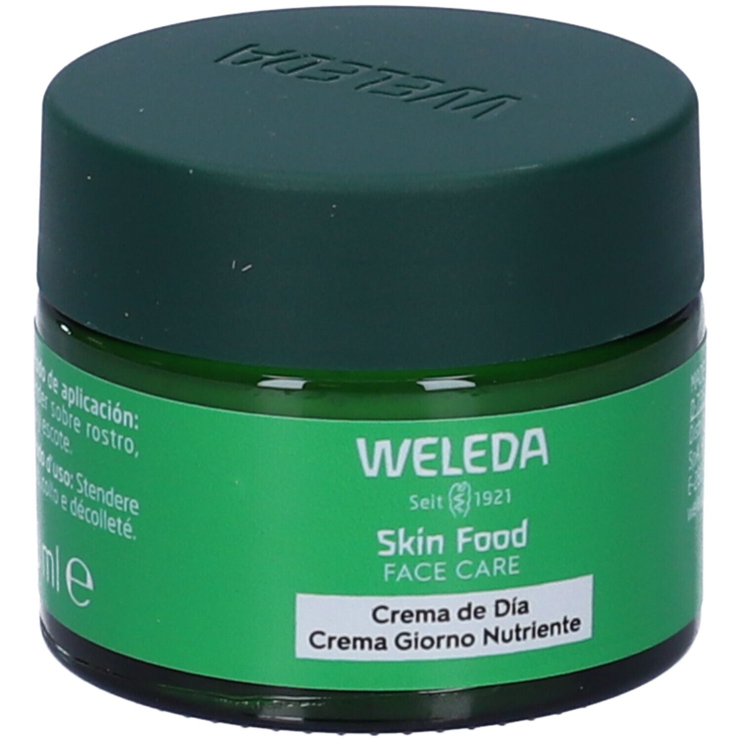 Vasetto verde con coperchio. Scritta: WELEDA Skin Food FACE CARE Crema de Día Crema Giorno Nutriente. Testo: 40 ml.
