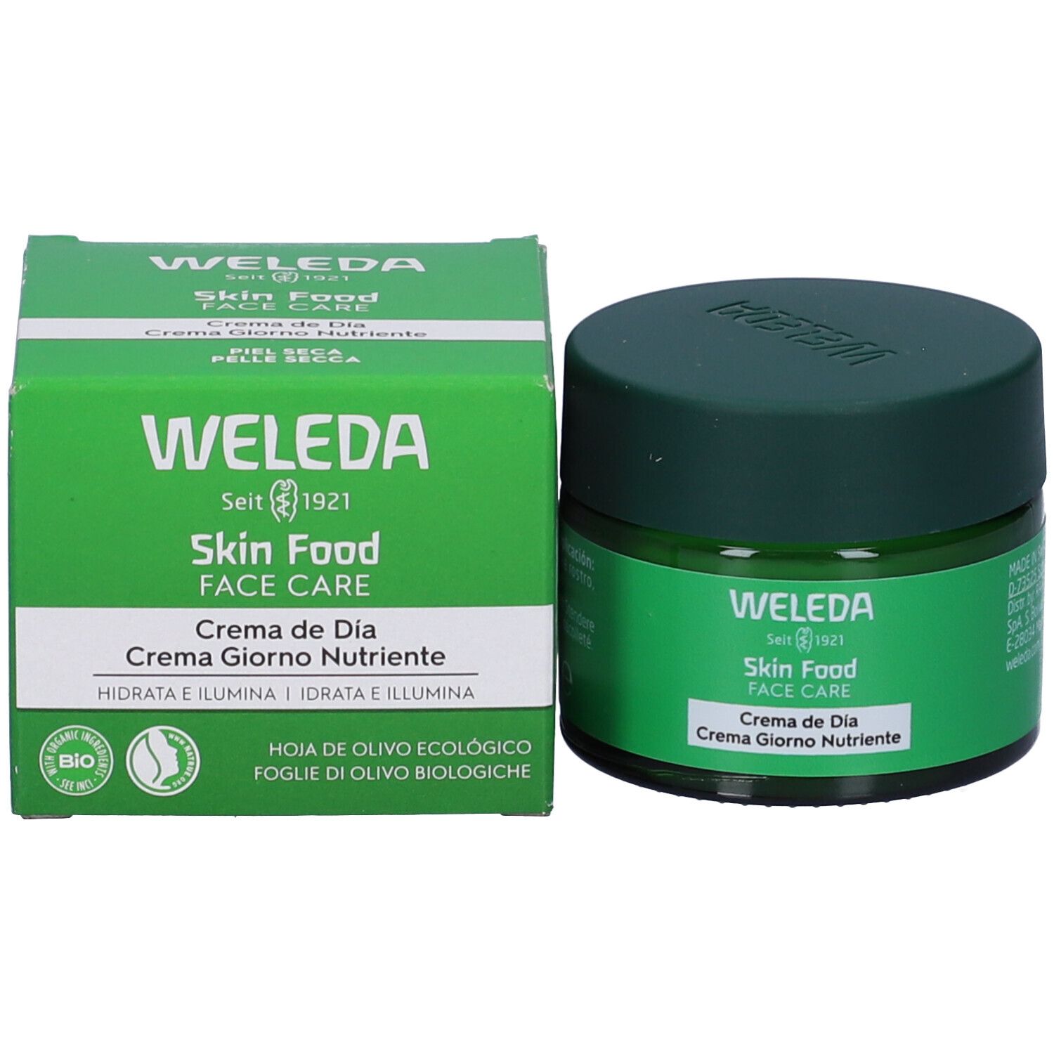 Vasetto e scatola verdi. Scritta: WELEDA Skin Food FACE CARE Crema de Día Crema Giorno Nutriente.