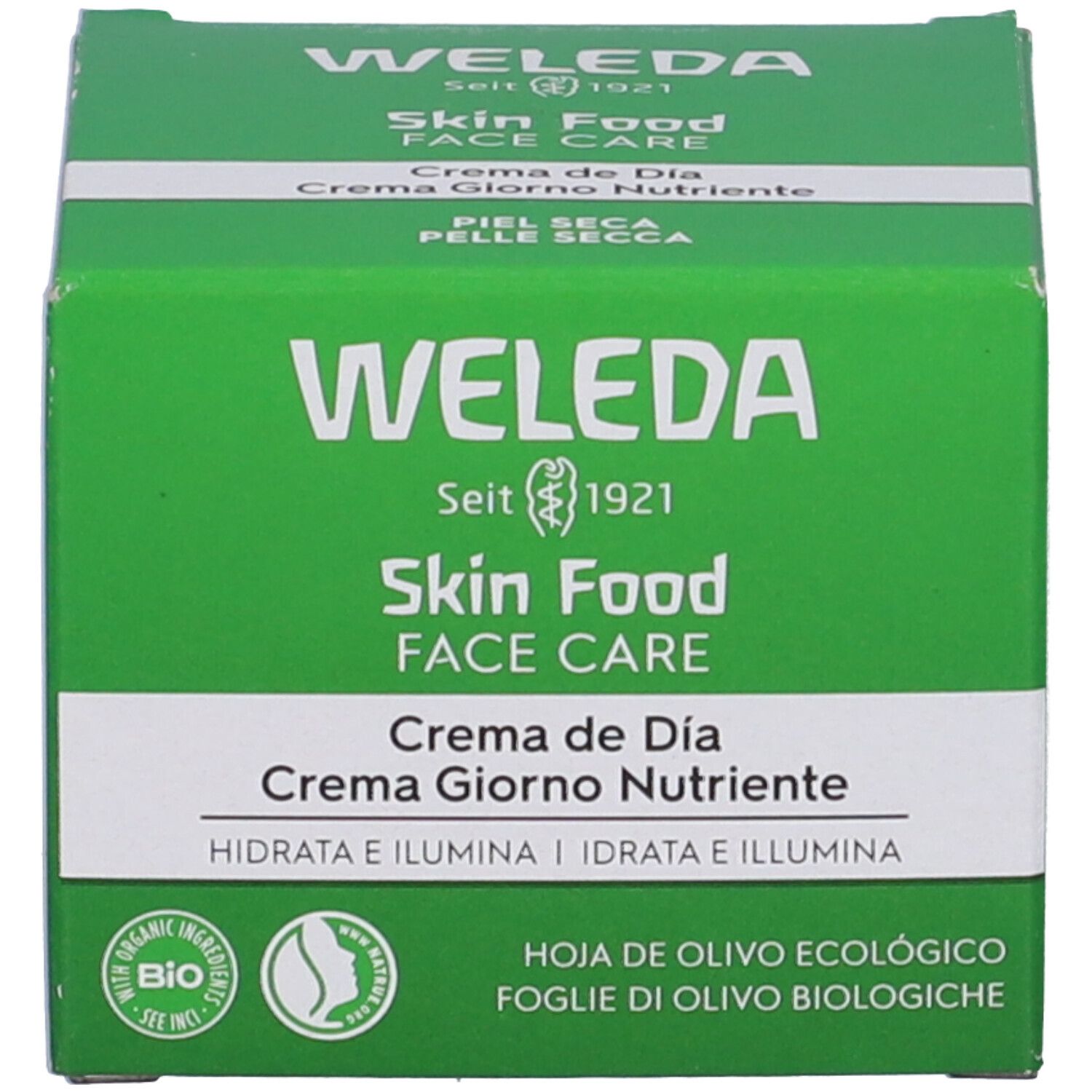 Scatola verde. Scritta: WELEDA Skin Food FACE CARE Crema de Día Crema Giorno Nutriente. Sigillo bio.