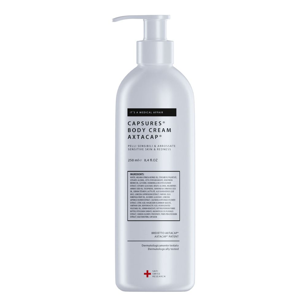 Flacone bianco con dosatore. Scritta: Capsures Body Cream Axtacap. Contiene ingredienti. Croce svizzera.