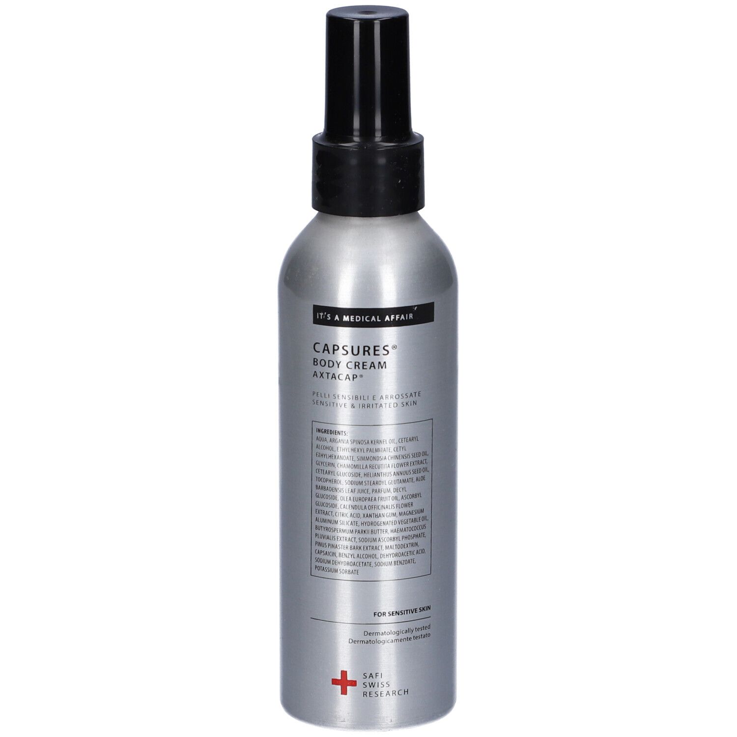 Flacone argento con erogatore nero. Scritta: Capsures Body Cream Axtacap. Croce svizzera.