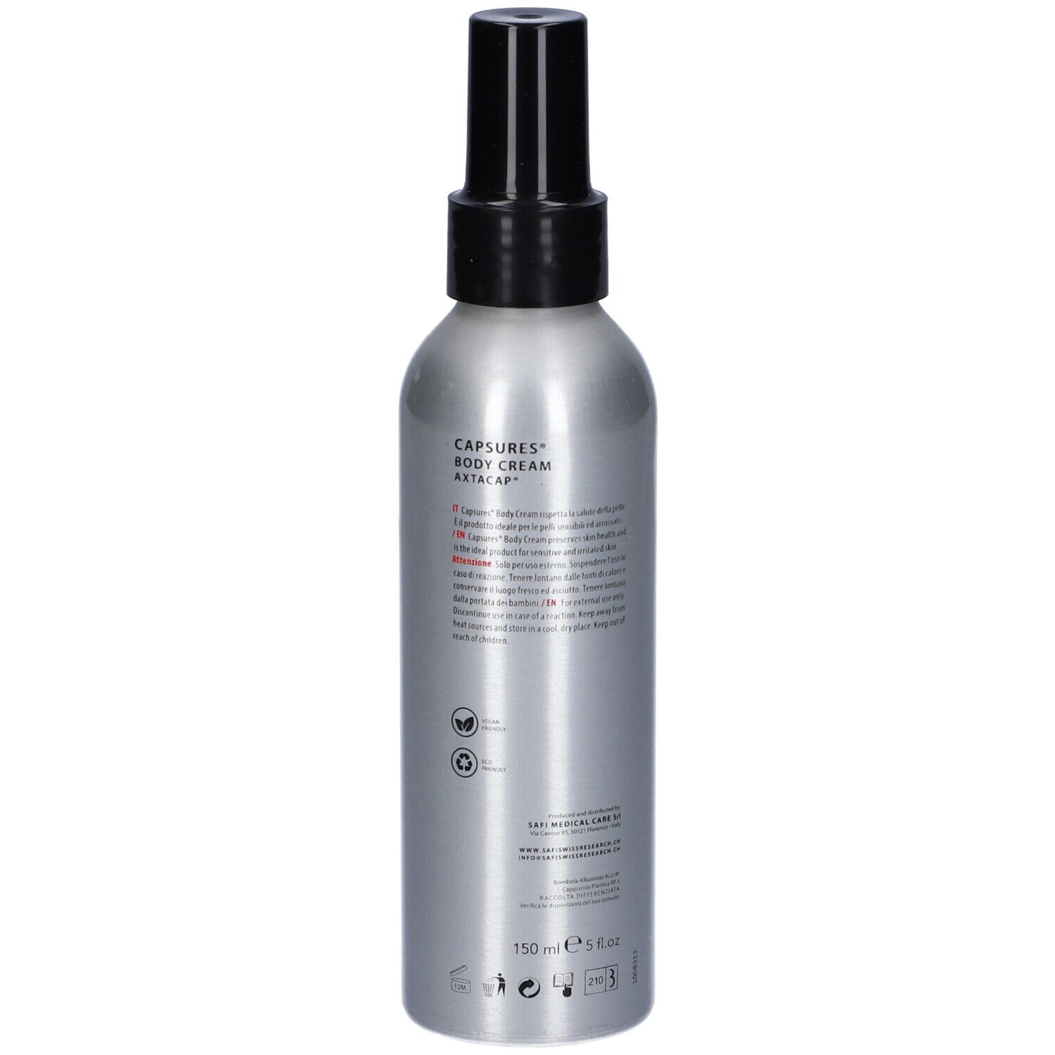 Flacone argento con erogatore nero. Scritta: Capsures Body Cream Axtacap. Croce svizzera.