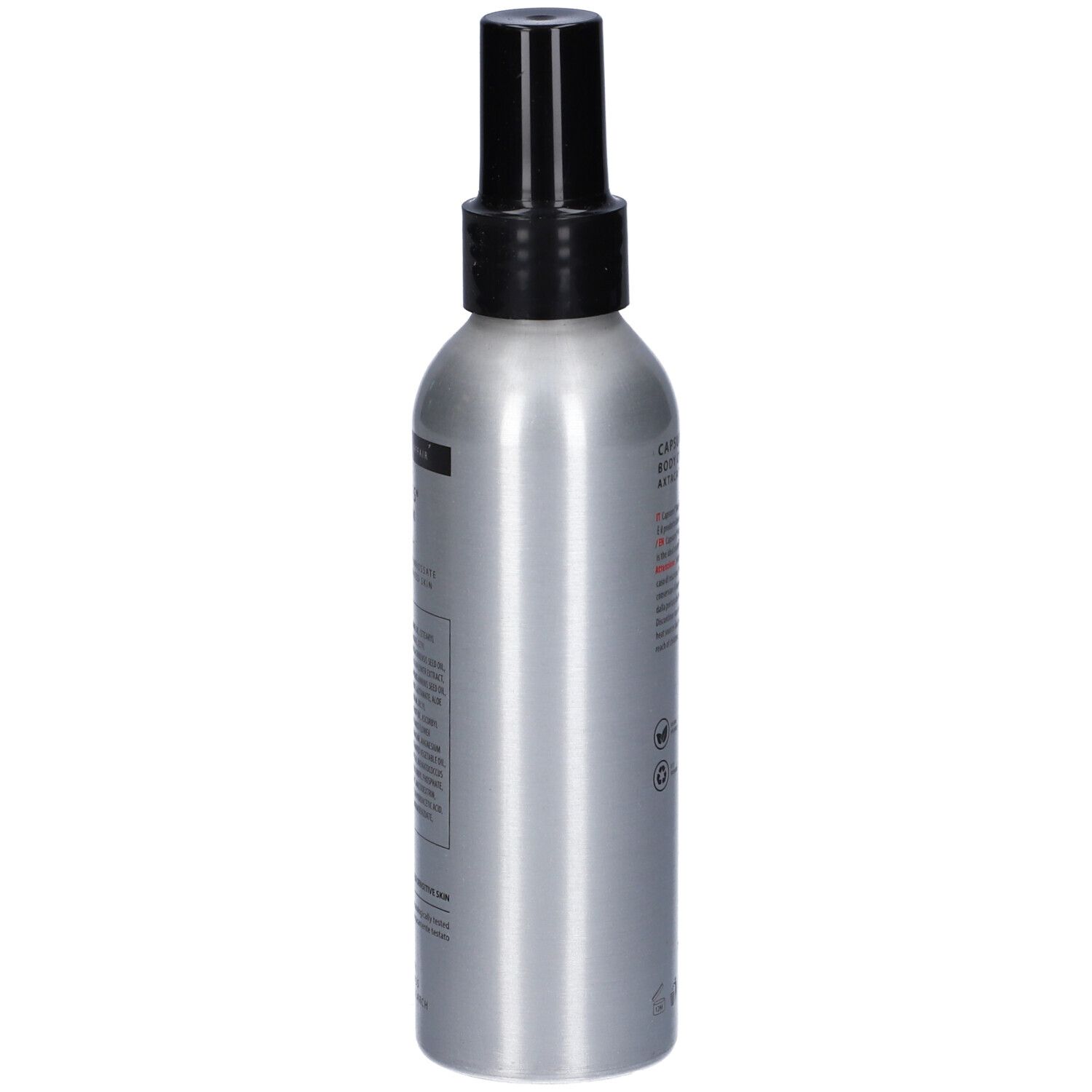 Flacone argento con erogatore nero. Scritta: Capsures Body Cream Axtacap. Croce svizzera.