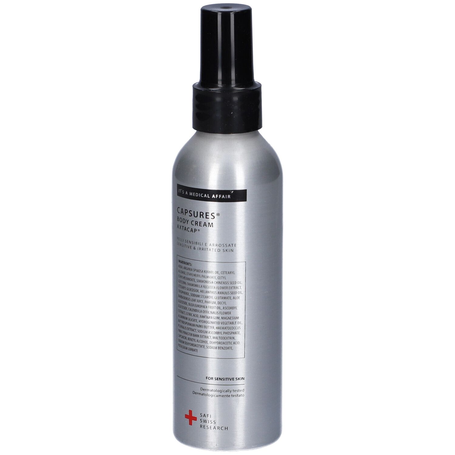 Flacone argento con erogatore nero. Scritta: Capsures Body Cream Axtacap. Croce svizzera.