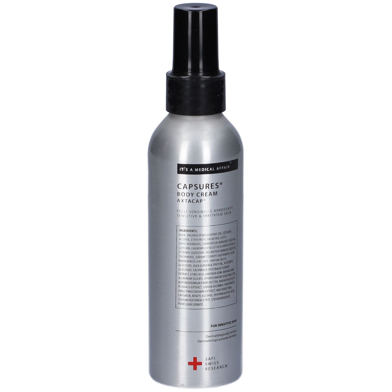 Flacone argento con erogatore nero. Scritta: Capsures Body Cream Axtacap. Croce svizzera.