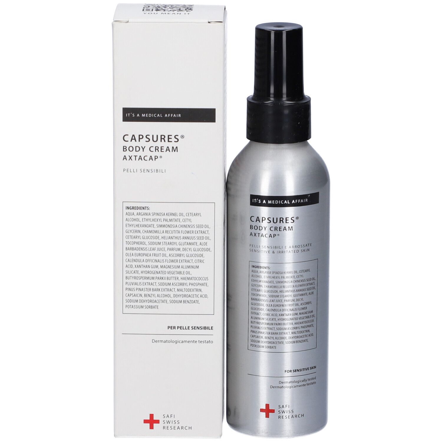 Flacone e scatola. Scritta: Capsures Body Cream Axtacap. Croce svizzera. Per pelli sensibili.