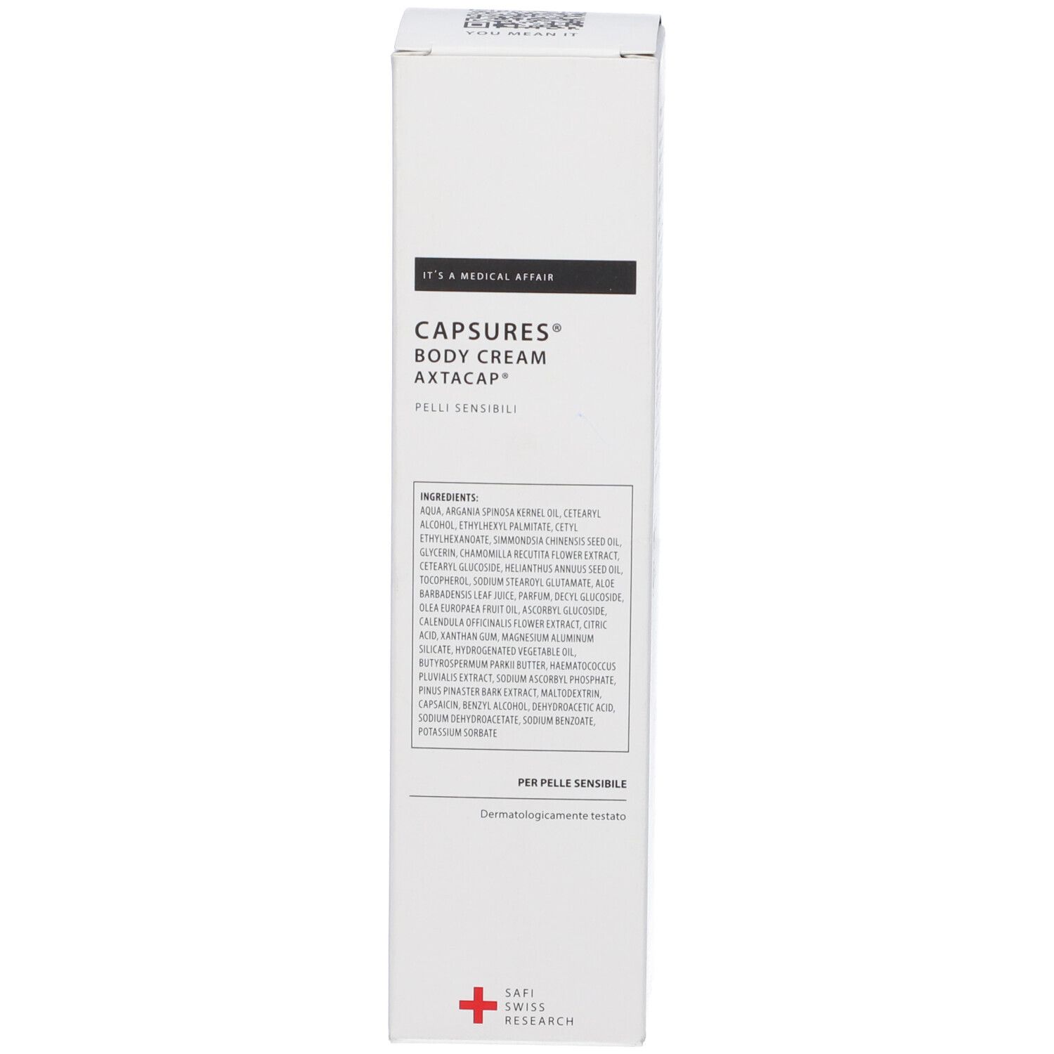 Scatola. Scritta: Capsures Body Cream Axtacap. Croce svizzera. Per pelli sensibili.
