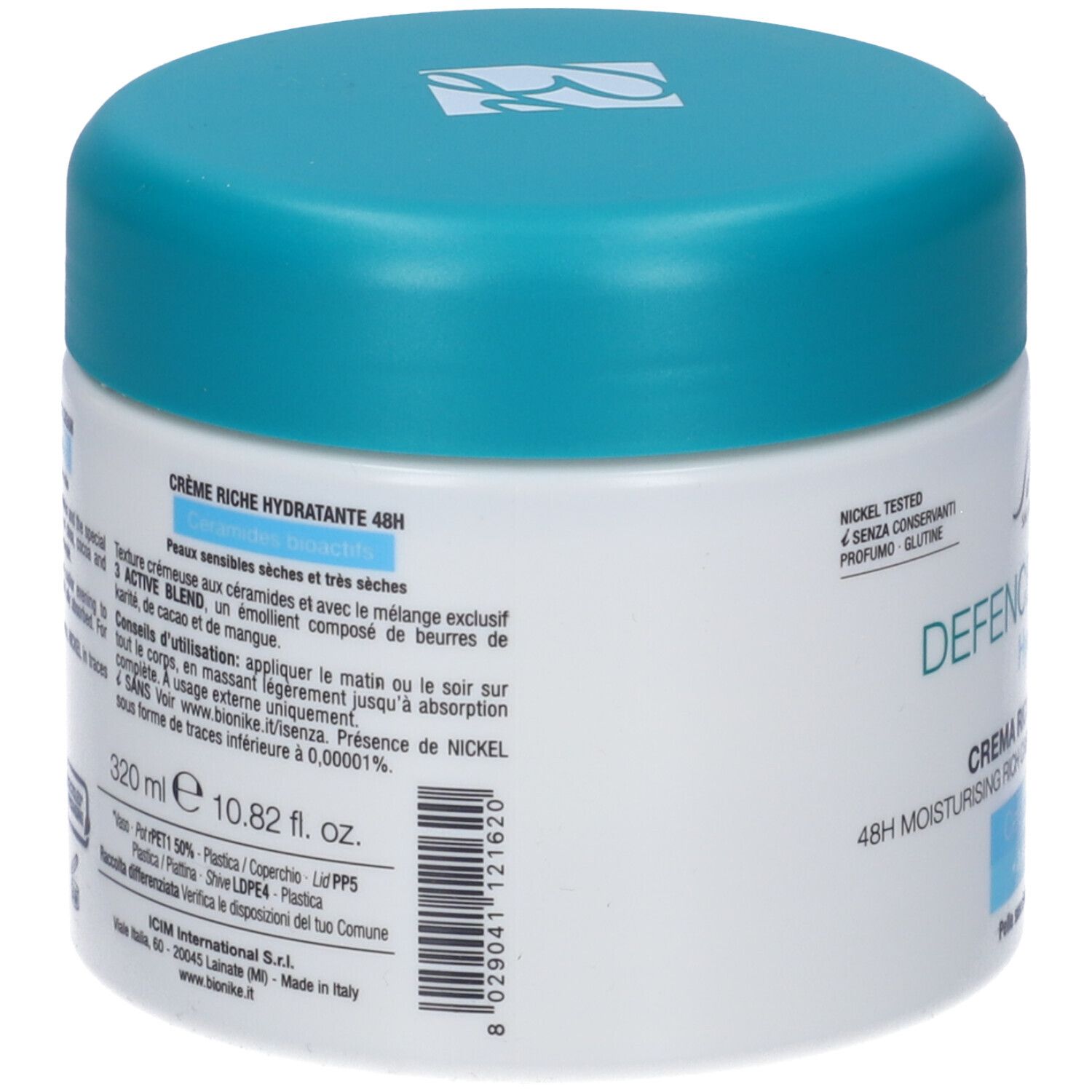 Rückseite des Creme-Tiegels mit blauen Deckel. Text: Crème Riche Hydratante 48H. Inhaltsstoffe und Anwendung.