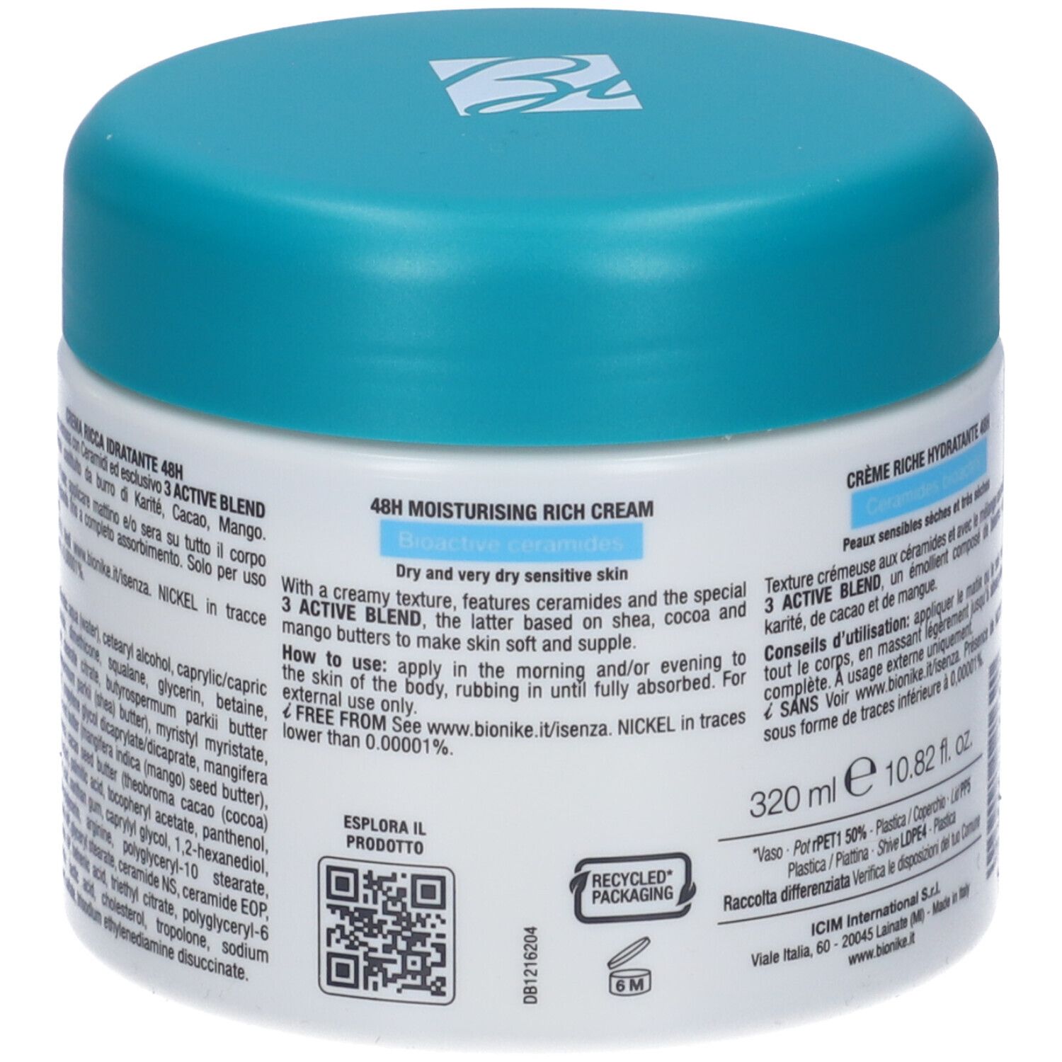 Rückseite des Creme-Tiegels mit blauem Deckel. Text: 48H Moisturising Rich Cream. Inhaltsstoffe und Anwendung.
