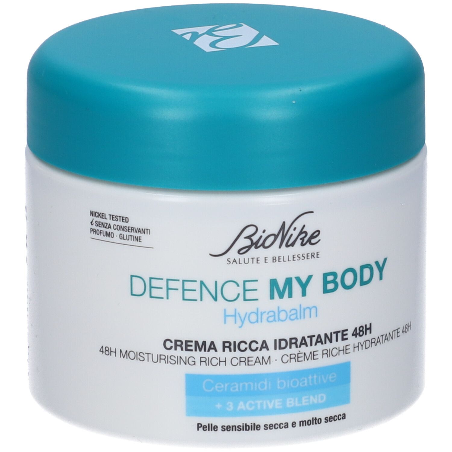 Creme-Tiegel mit blauem Deckel. Aufschrift: BioNike Defence My Body Hydrabalm. Creme Ricca Idratante 48H.