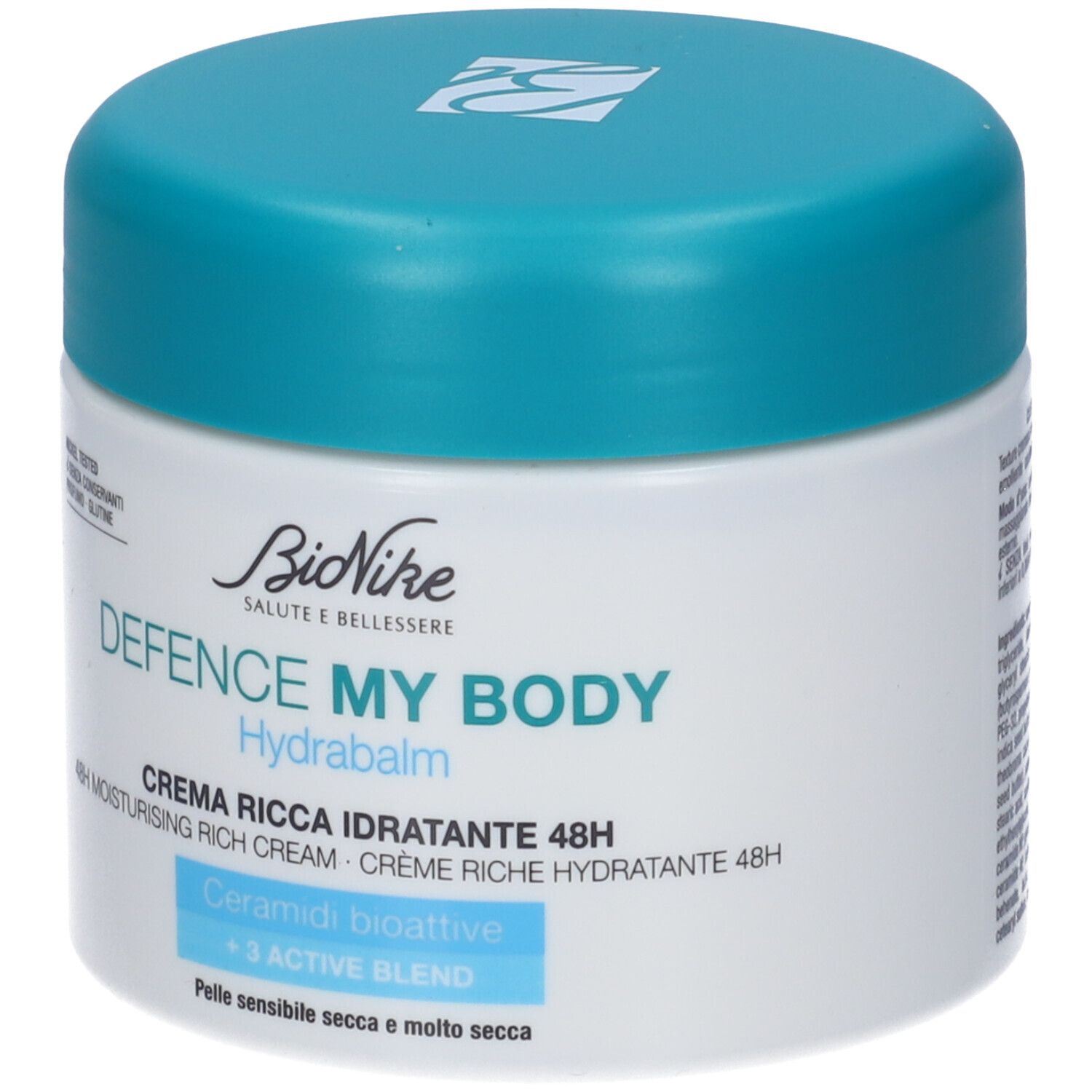 Creme-Tiegel mit blauem Deckel. Aufschrift: BioNike Defence My Body Hydrabalm. Creme Ricca Idratante 48H.