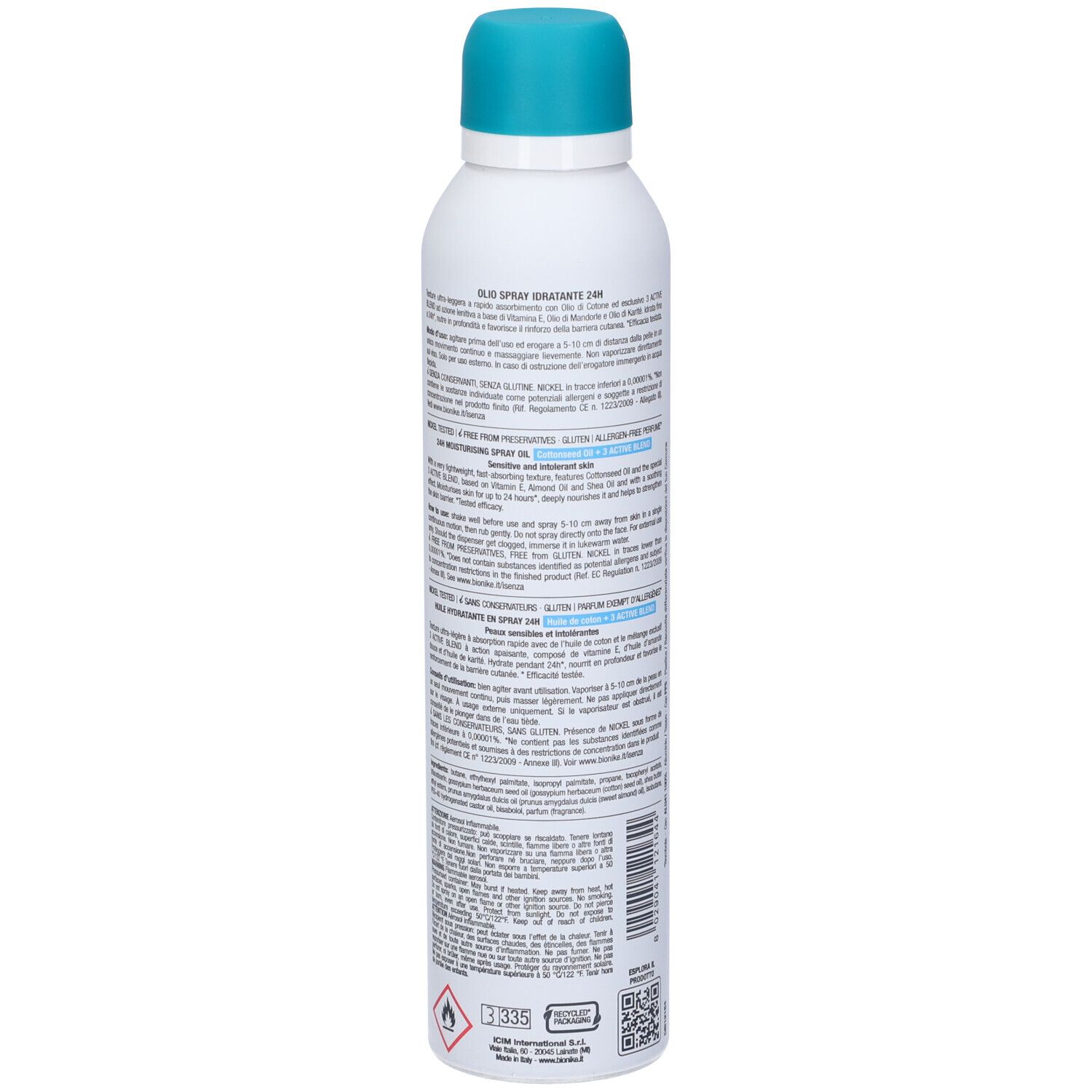 Rückseite der weiß-blauen Sprühflasche. Text in mehreren Sprachen. Aufschrift: Defence My Body Hydraoil. Marke: BioNike.