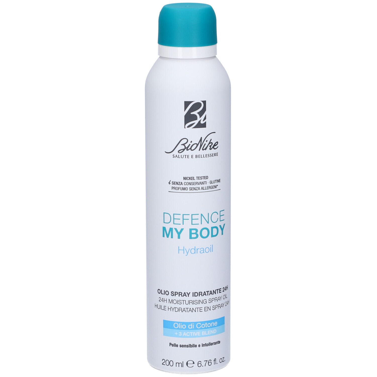 Weiß-blaue Sprühflasche. Aufschrift: Defence My Body Hydraoil. Text: Olio Spray Idratante 24H. Marke: BioNike.