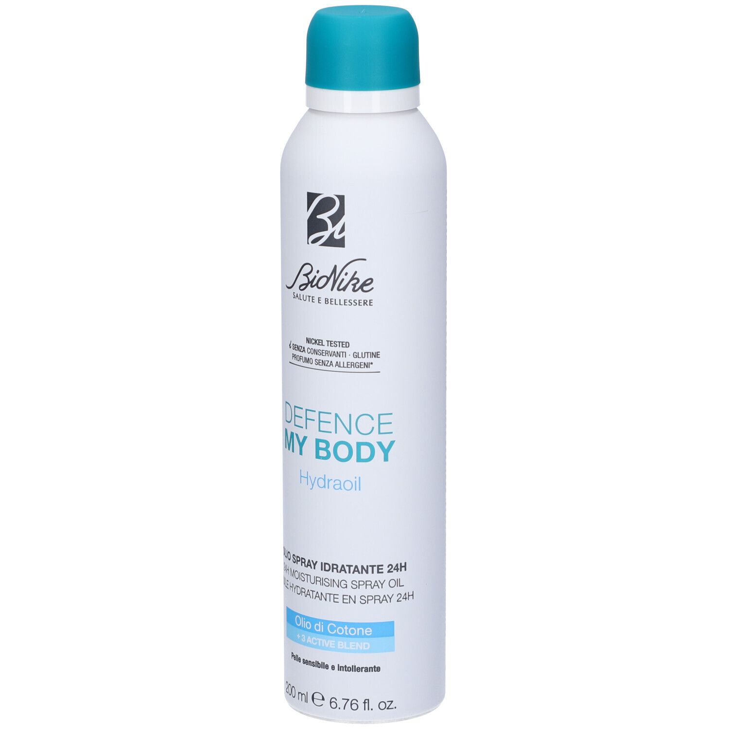Weiß-blaue Sprühflasche. Aufschrift: Defence My Body Hydraoil. Text: Olio Spray Idratante 24H. Marke: BioNike.