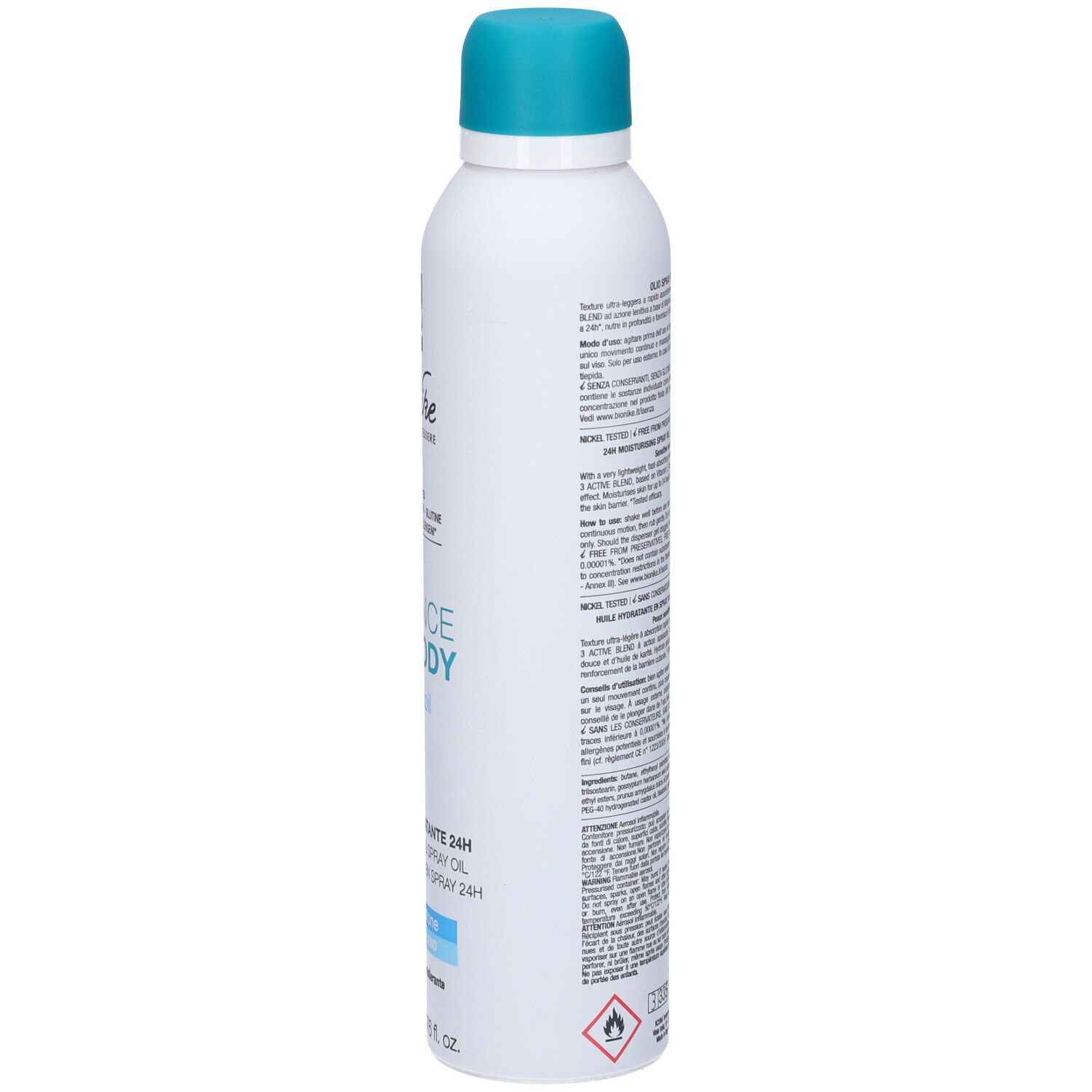 Weiß-blaue Sprühflasche, Seitenansicht. Text und Logos. Aufschrift: Defence My Body Hydraoil. Marke: BioNike.