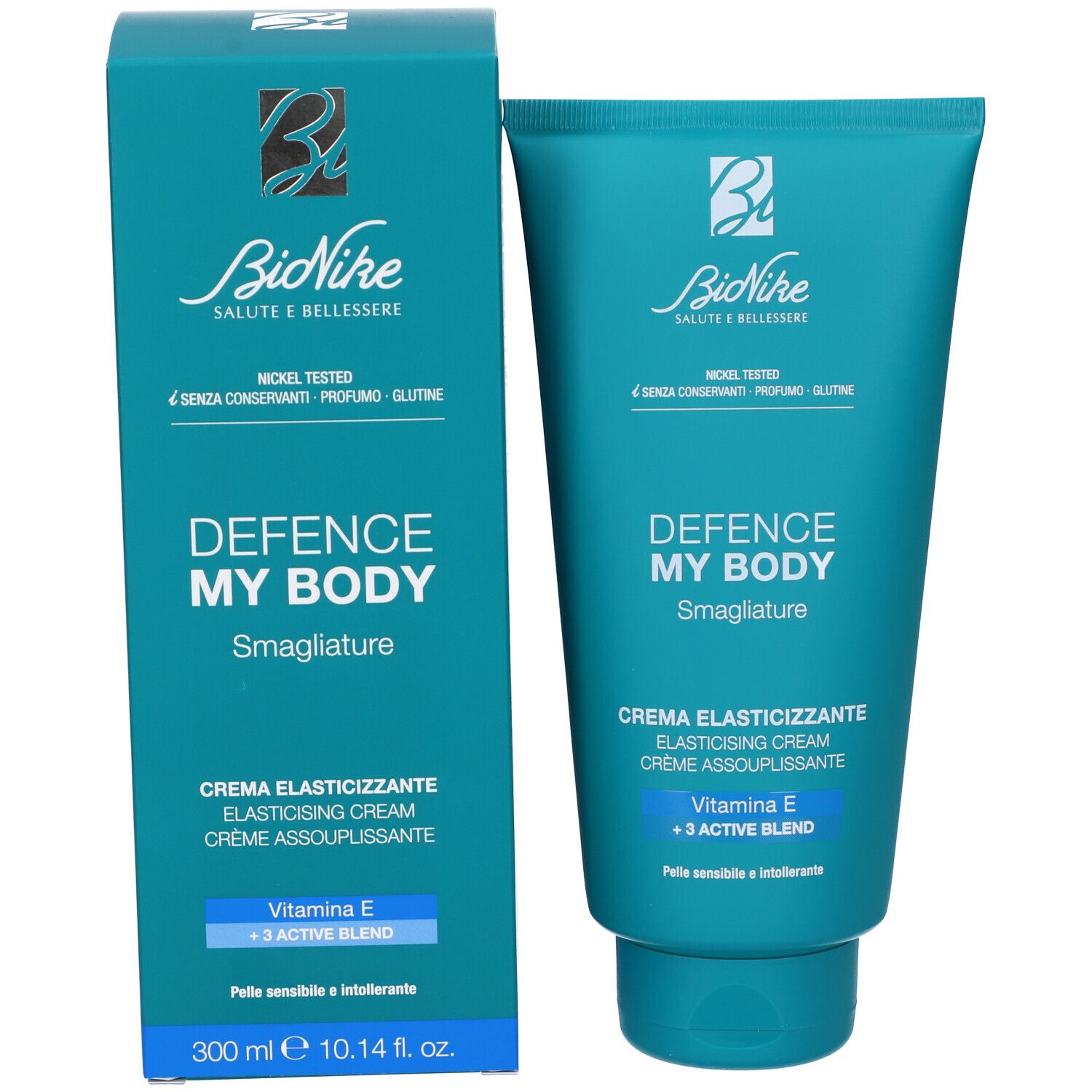 Türkisfarbene Tube und Schachtel. Marke BioNike, Produktname Defence My Body Smagliature. Enthält Vitamin E und 3 Active Blend.