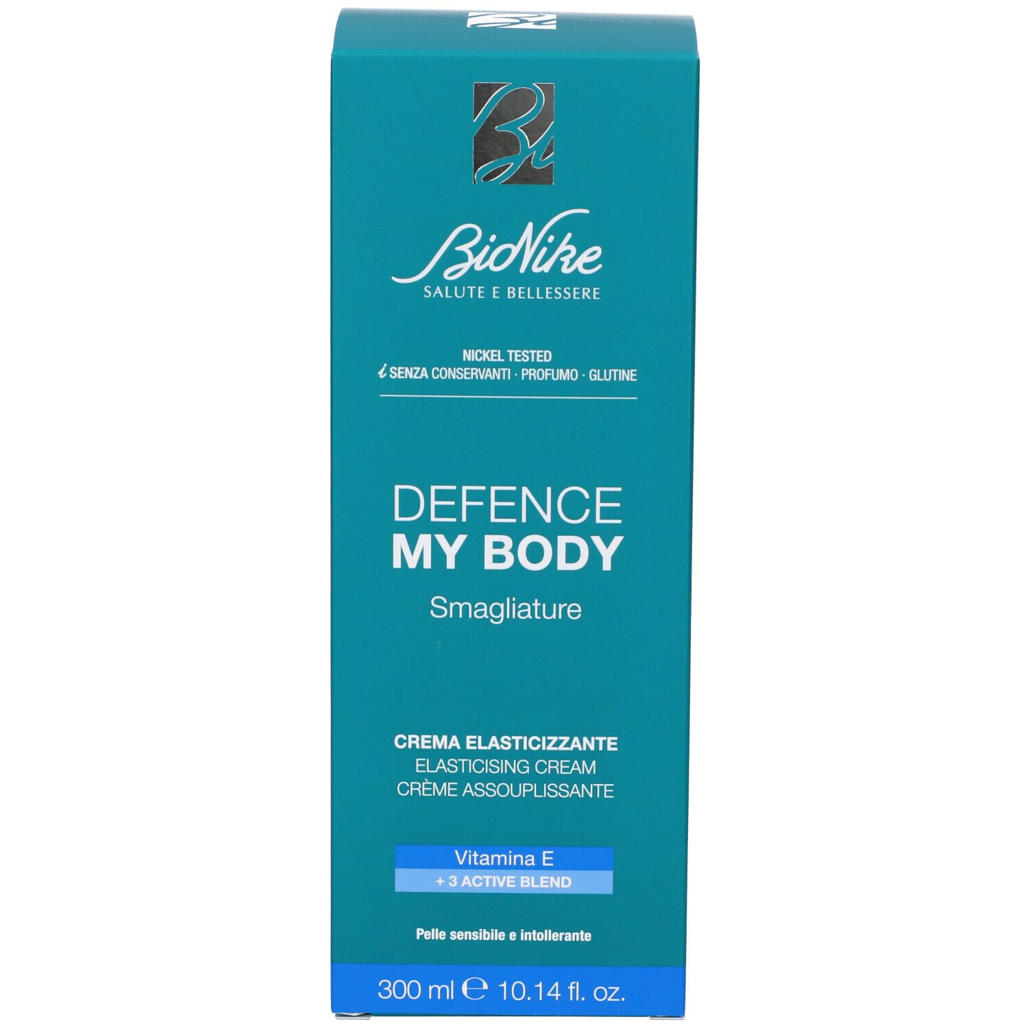 Türkisfarbene Schachtel. Marke BioNike, Produktname Defence My Body Smagliature. Enthält Vitamin E und 3 Active Blend. 300 ml.